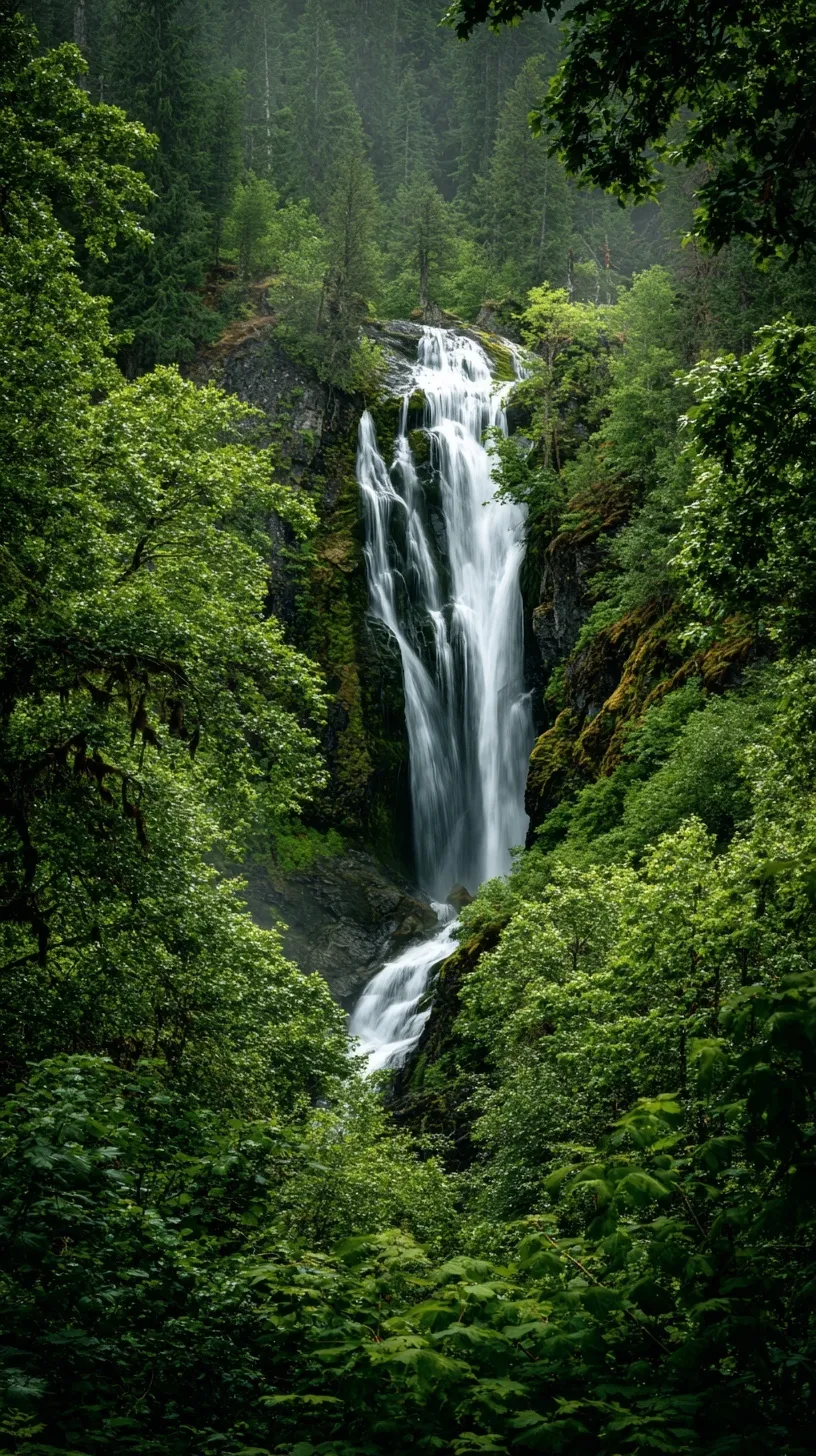 Cascading Hogwater Falls in Washington state with lush greenery, captured in high-resolution 8K for mobile wallpapers.