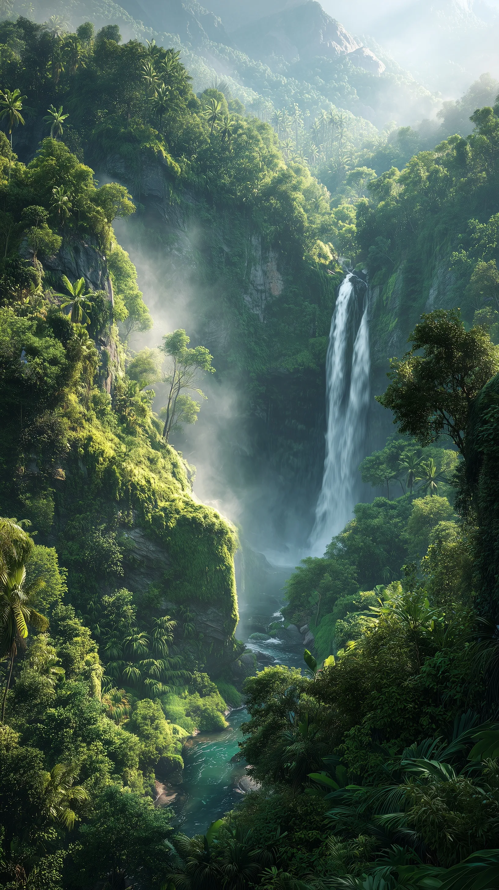 Powerful waterfall cascading through lush tropical jungle cliffs with mist at sunrise, mobile wallpaper.