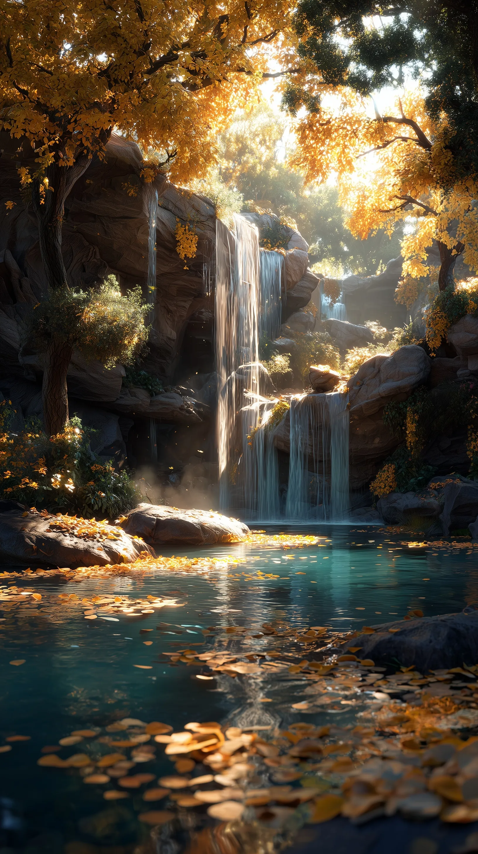 A breathtaking waterfall made of vibrant autumn leaves, captured in hyper-realistic 8k for mobile backgrounds.