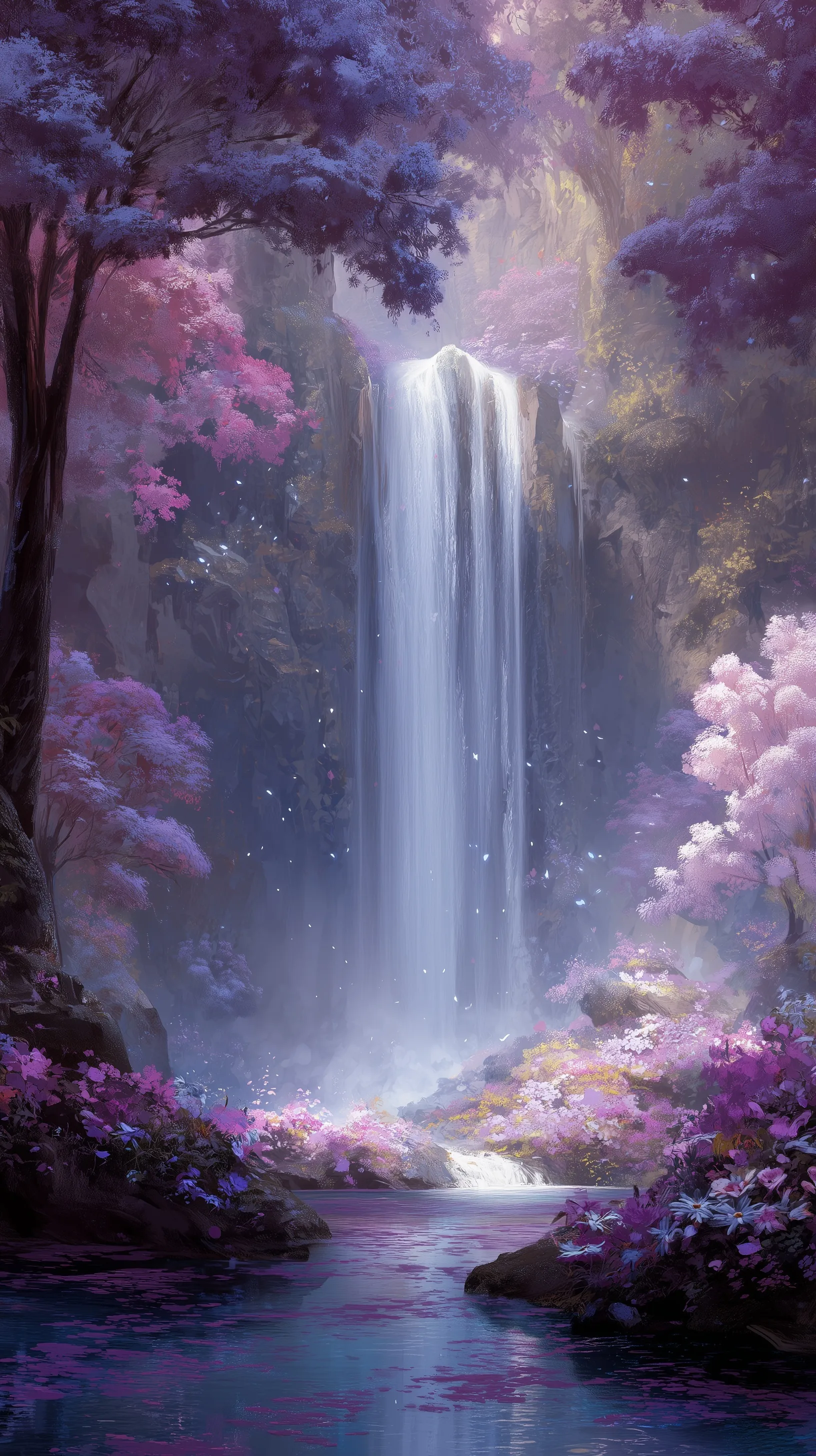 Majestic fantasy waterfall wallpaper with glowing pastel flowers and mist for iPhone 17 Pro Max.