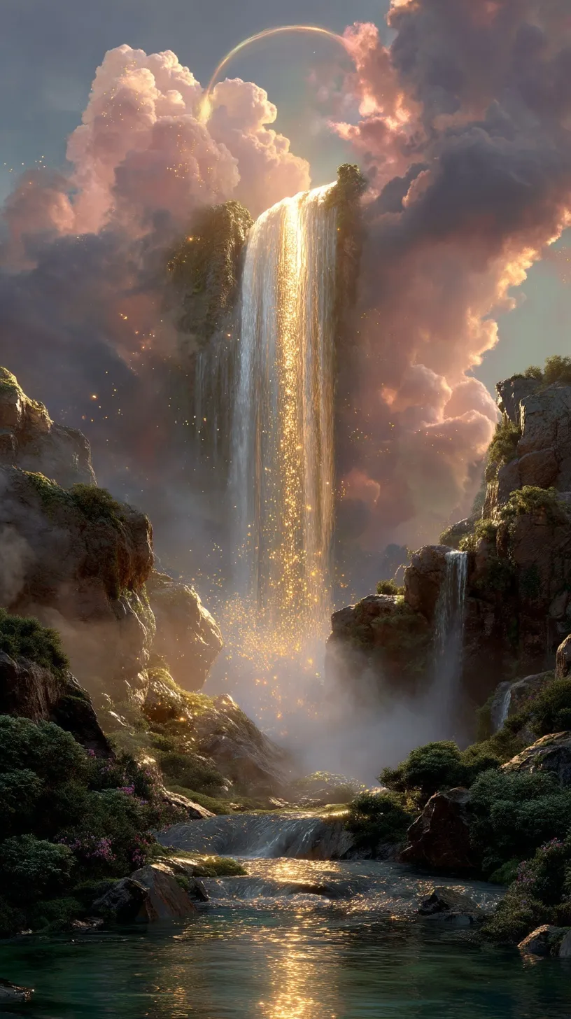 Surreal waterfall flowing upward against a sunset sky, featuring misty golden light and lush mossy cliffs.