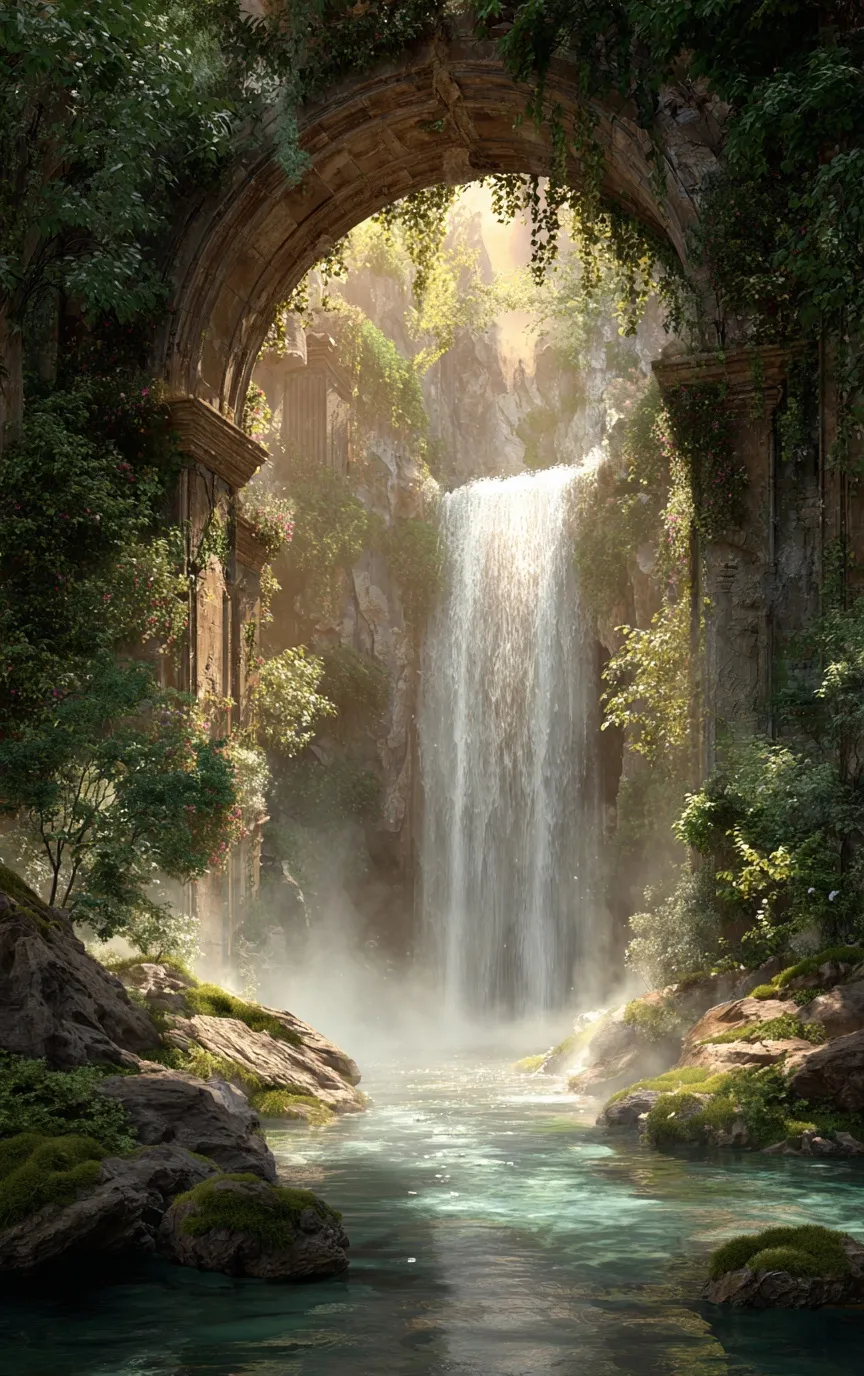 A magical hidden oasis with a majestic waterfall, lush foliage, and ancient ruins for iPhone 17 Pro Max wallpaper.