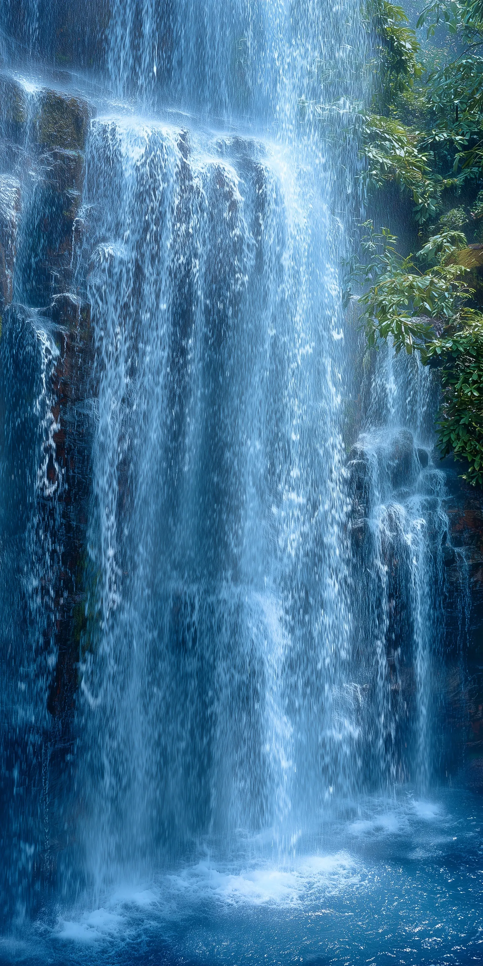 A massive blue waterfall with detailed, dramatic flowing water streams, perfect for a minimal smartphone wallpaper.