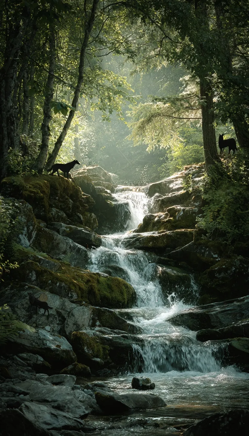 A small cascading forest waterfall over rocks with mystical wolf silhouettes for mobile wallpaper.