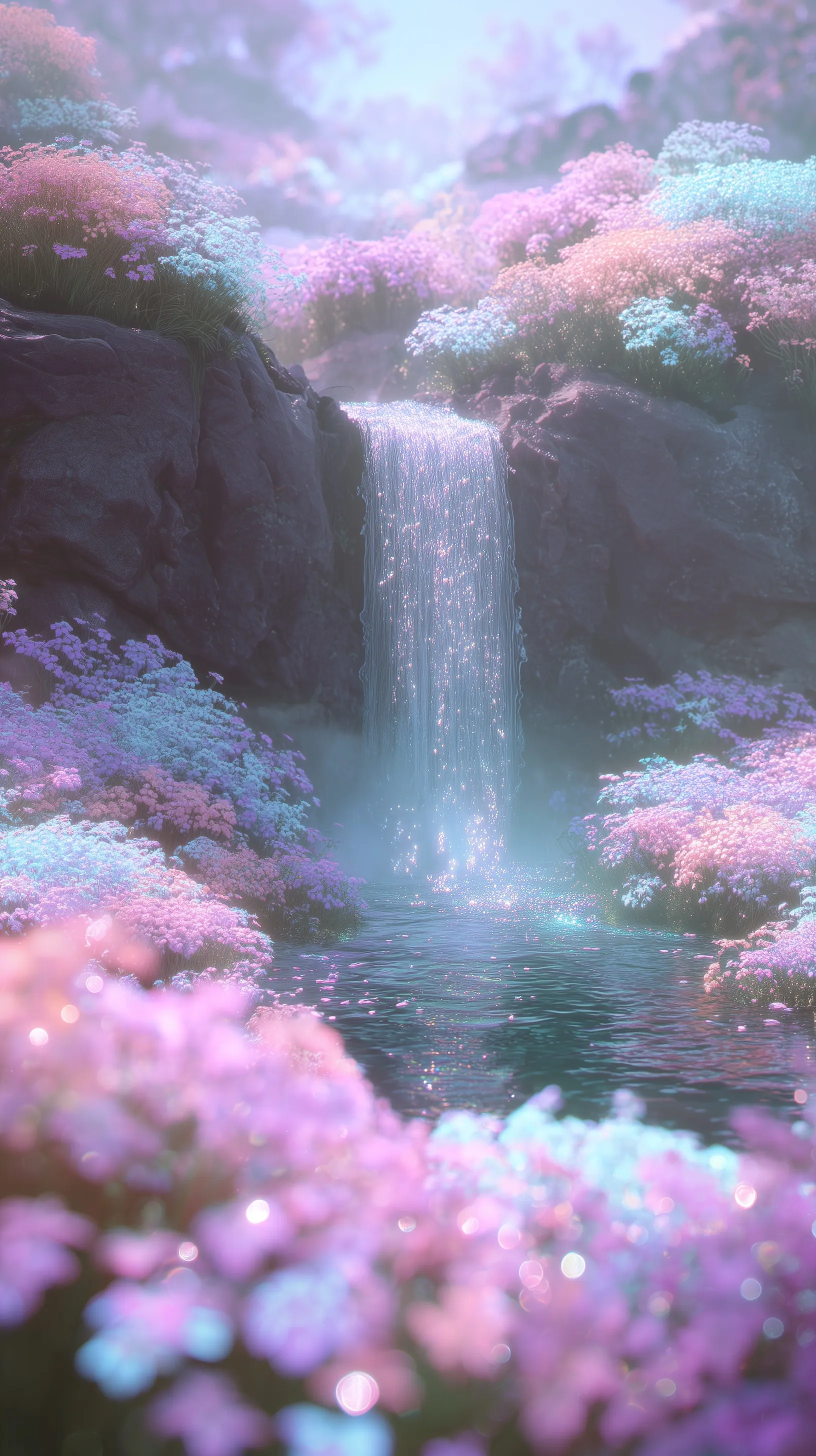 A dreamy, ethereal waterfall mobile wallpaper with pastel flowers, soft glowing light, and a whimsical aesthetic.