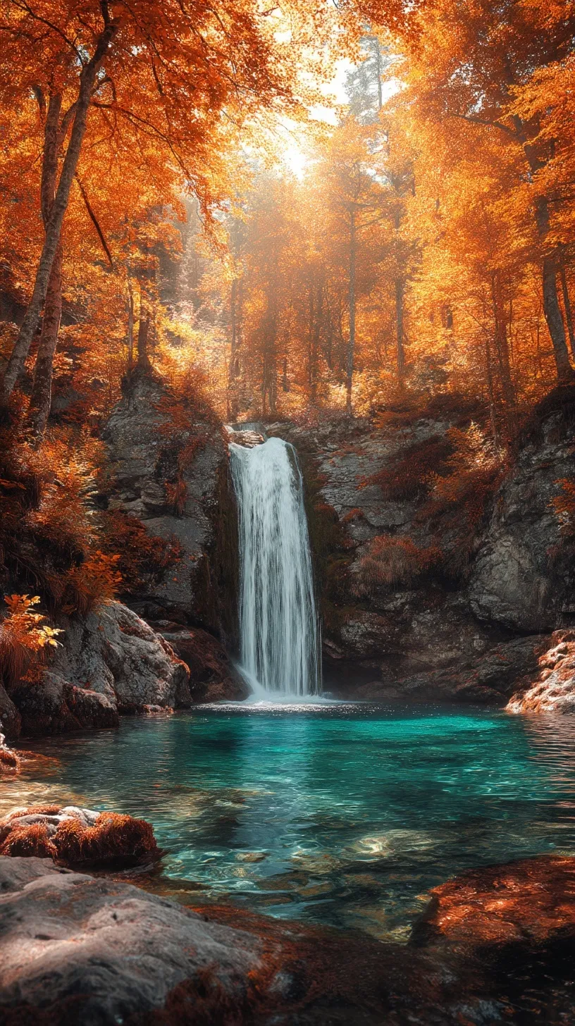 Majestic waterfall in autumn forest with vibrant orange foliage, sunbeams, and turquoise pool, cinematic nature.