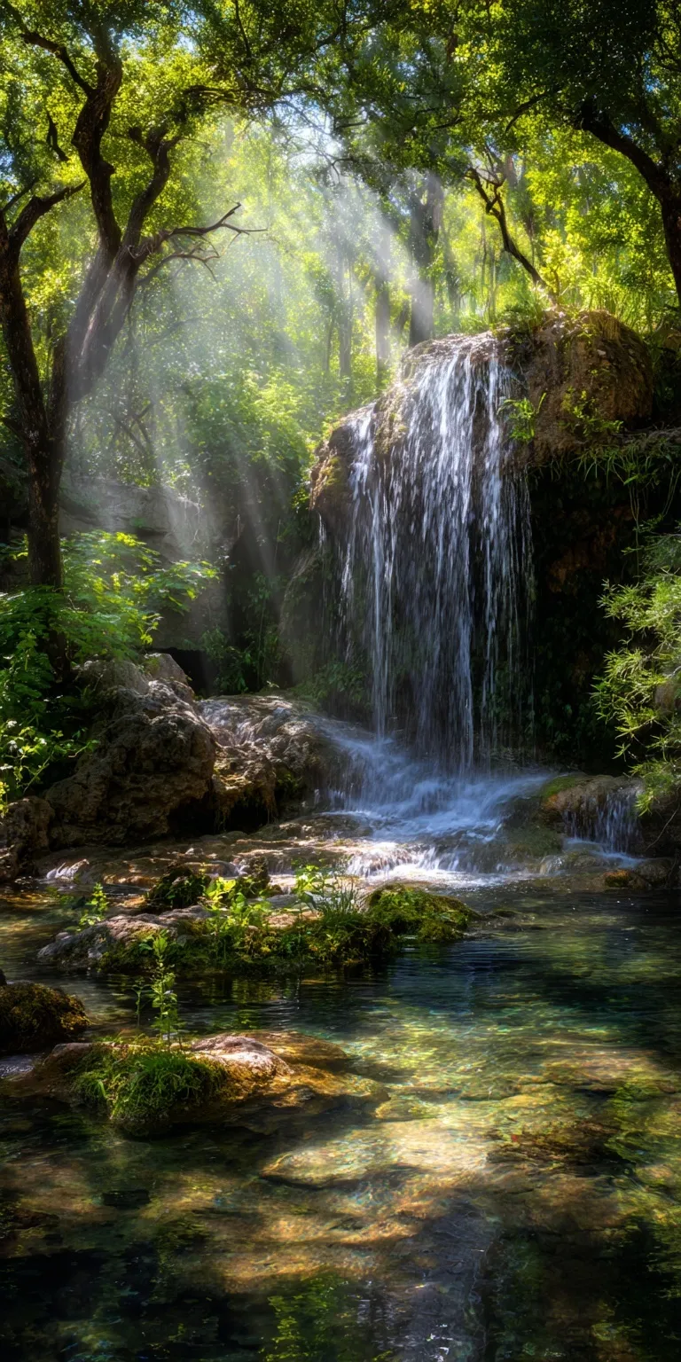 Serene waterfall cascading over rocks in a lush forest with sunbeams, perfect for iPhone 17 Pro Max wallpaper.