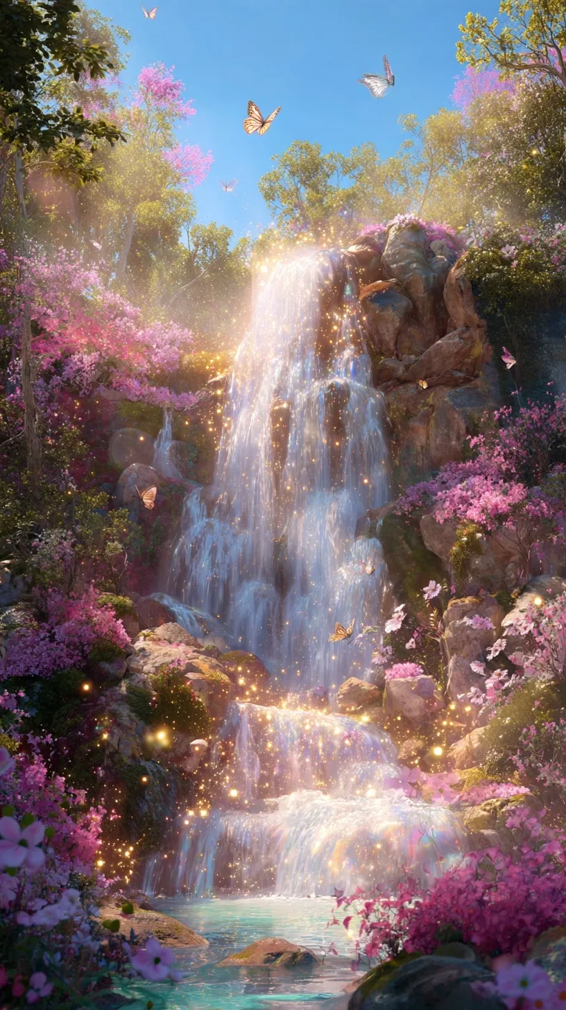 Ethereal waterfall in a lush forest with golden sparkles, pink flowers, and butterflies, fairycore mobile wallpaper.