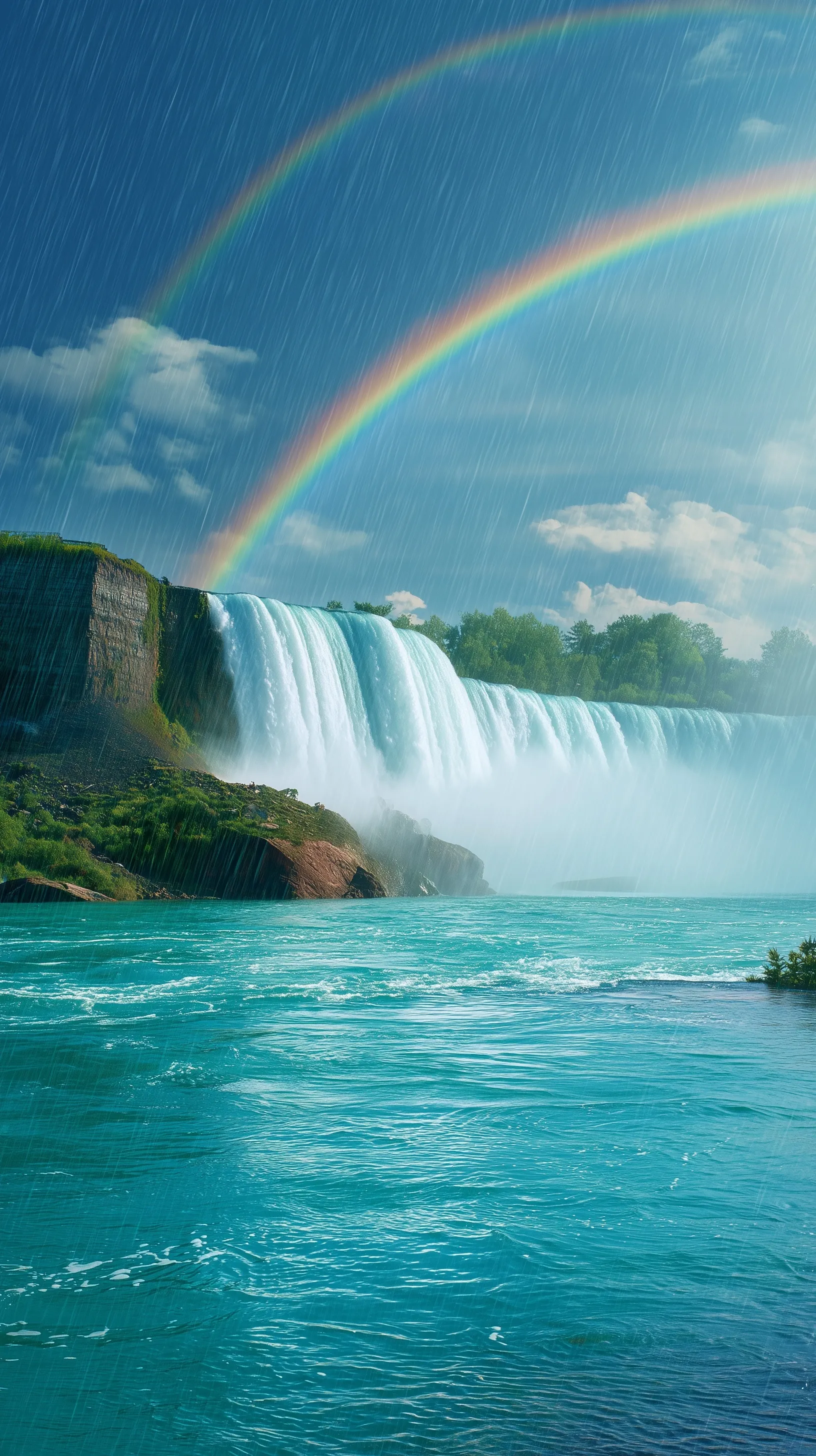 A sun shower over a majestic waterfall with a vivid double rainbow and sparkling raindrops for mobile wallpaper.