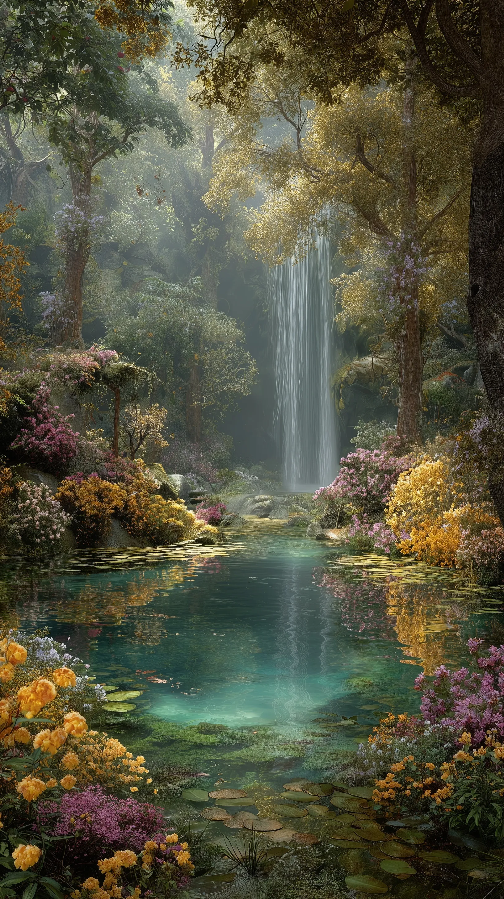 Ethereal fantasy waterfall with translucent flowers and forest pond, 3D digital art for smartphone wallpaper.