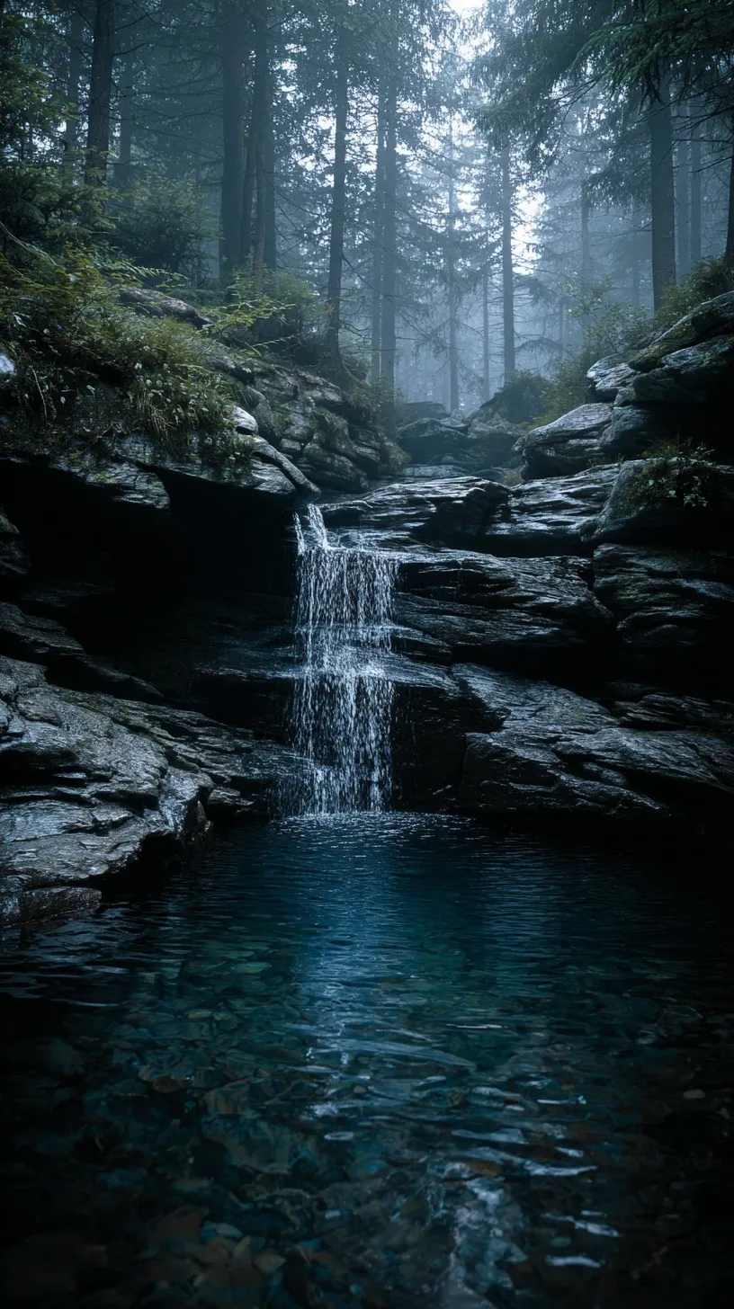 Clean waterfall cascading down smooth dark cliffs into a clear pool in a mysterious, quiet forest.