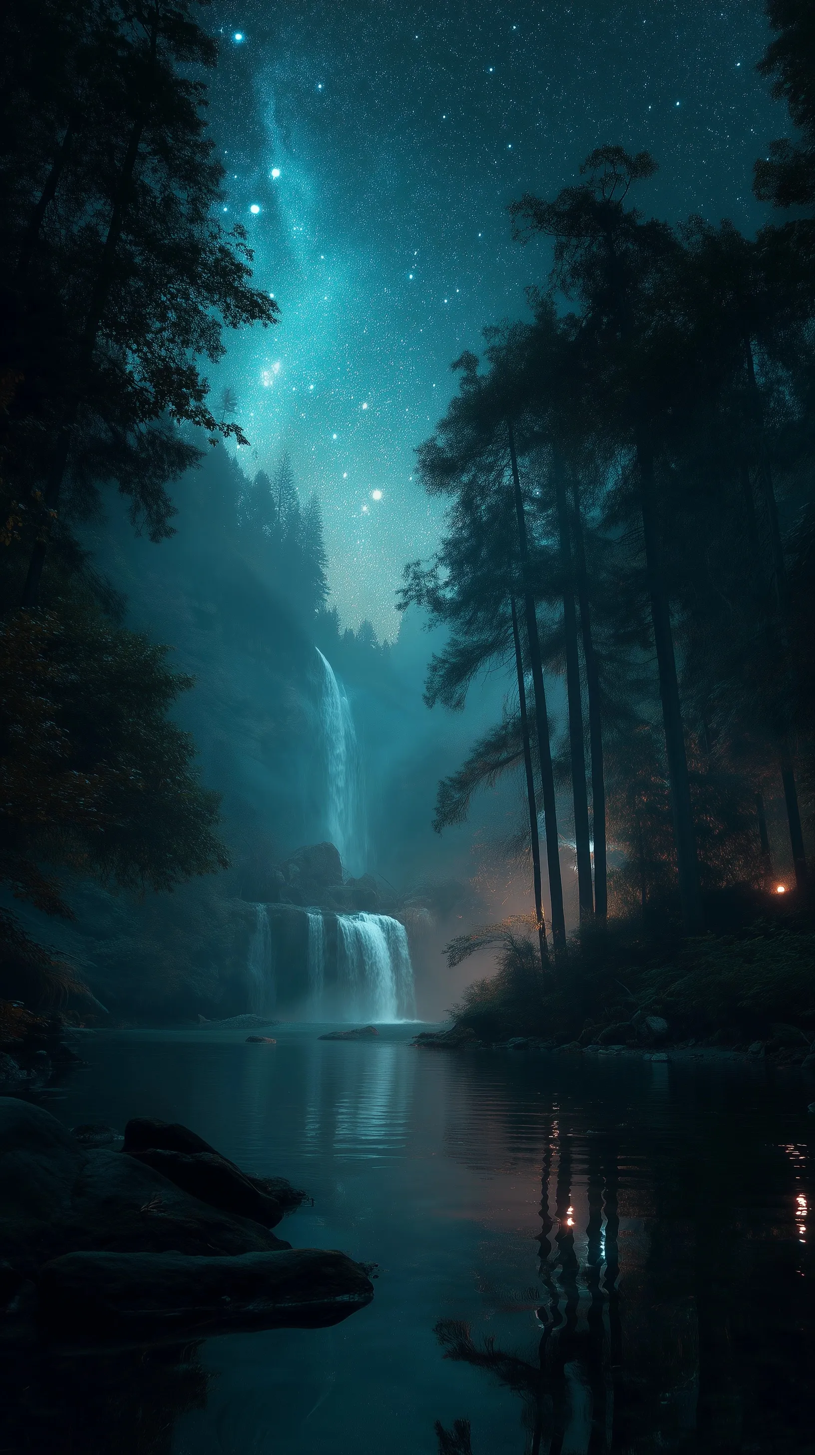 A 4K waterfall mobile wallpaper featuring a serene forest lake under a starry night sky for iPhone 17 Pro Max.
