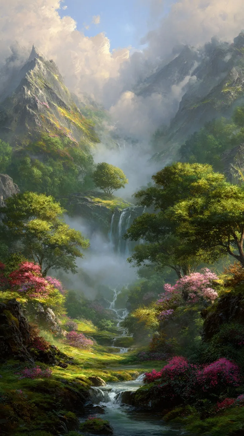 Misty waterfall in a lush Japanese mountain landscape with soft sunlight, perfect for mobile wallpaper.