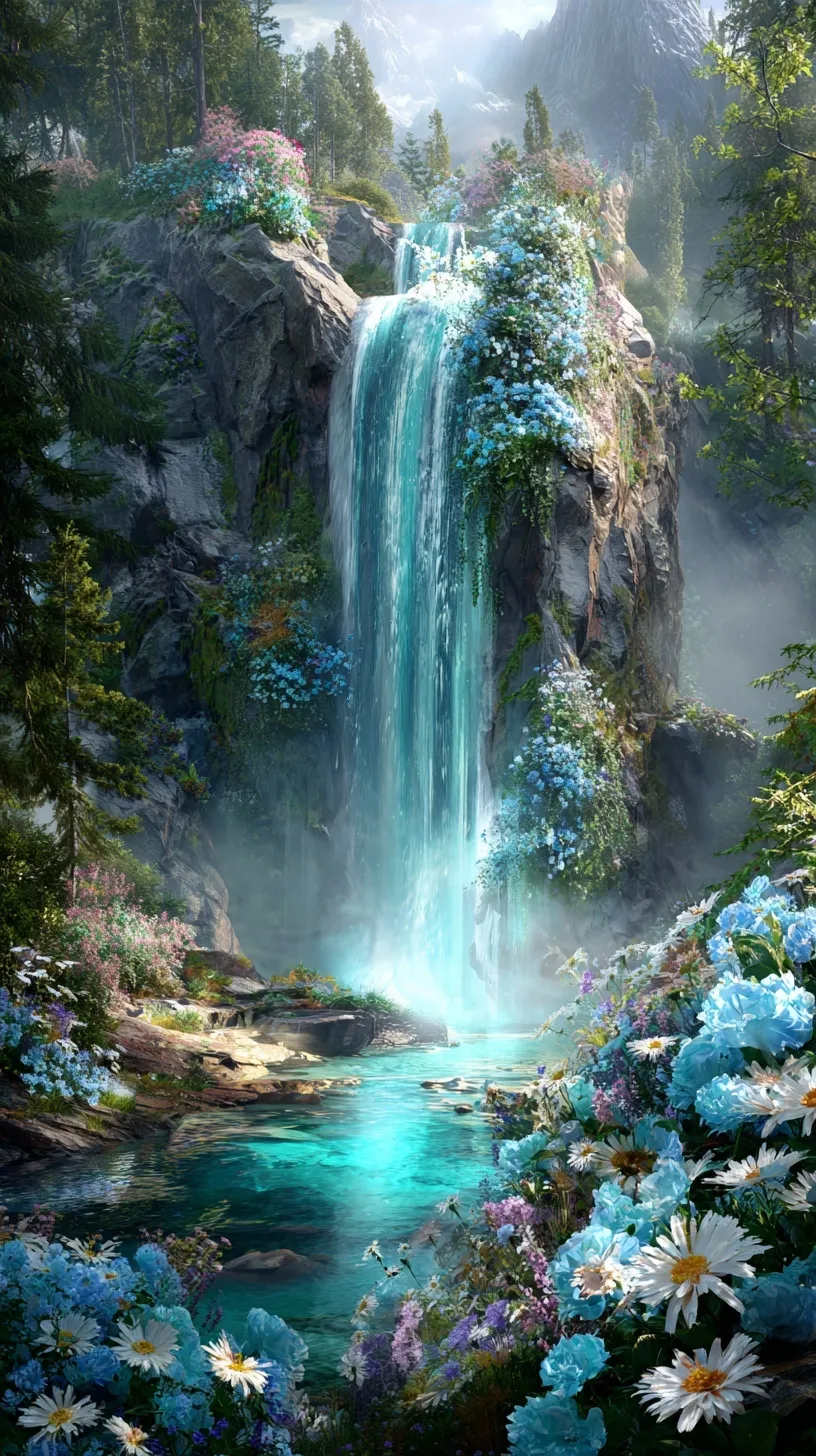 A photorealistic, magical waterfall made of blooming blue flowers cascading down rocky cliffs into soft mist.