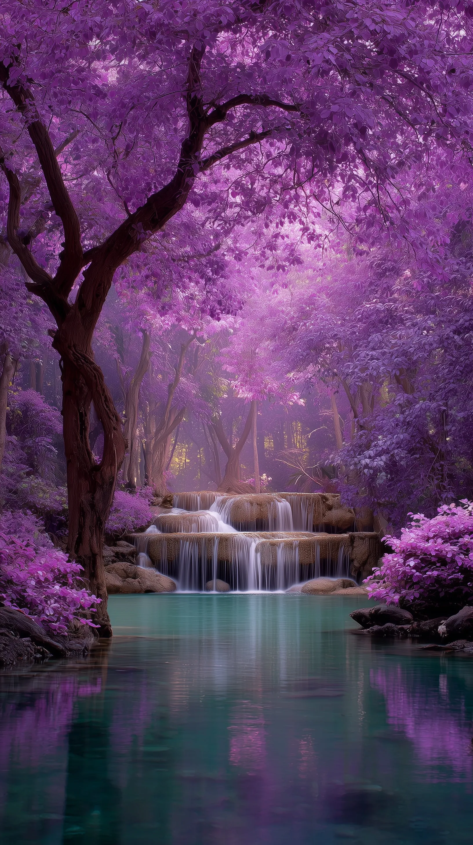 Erawan Waterfall in Thailand with vibrant purple trees and pink blossoms in a lush, high-resolution mobile landscape.