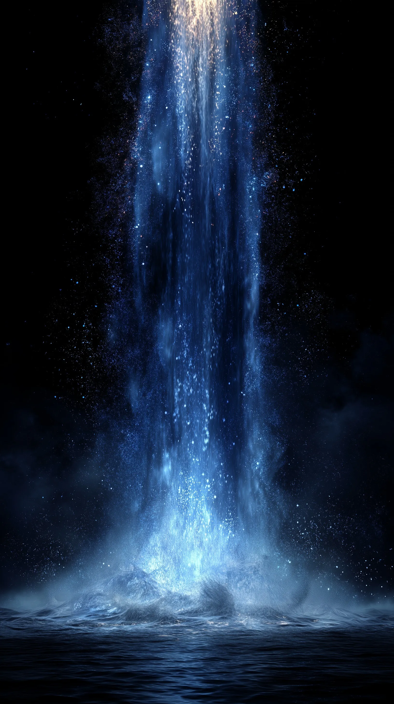 A giant vertical waterfall with vibrant blue glowing water and shimmering mist isolated on a black background.