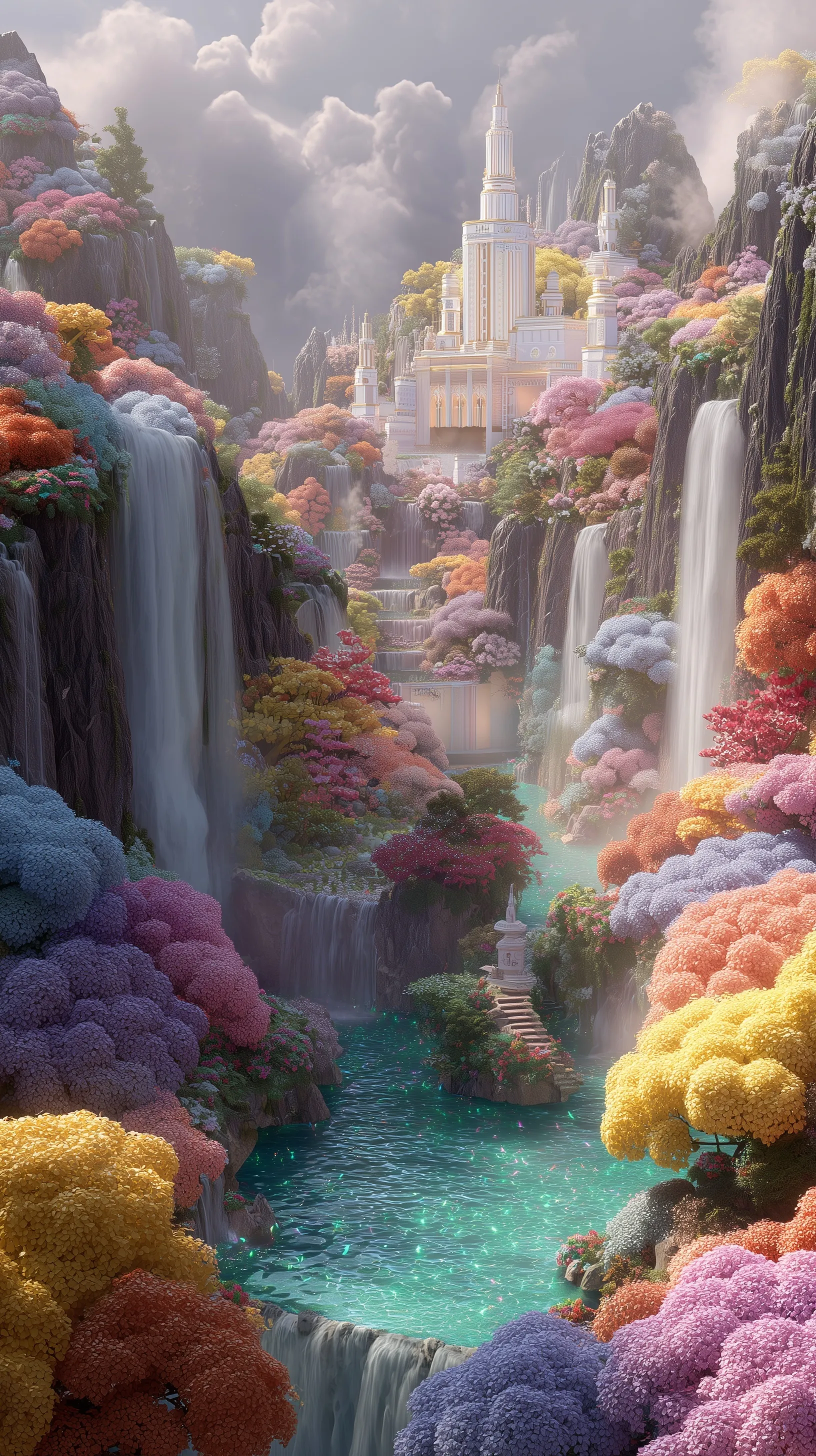 A cinematic 8K mobile wallpaper featuring a dreamy iridescent waterfall in a surreal fairy-tale flower valley.