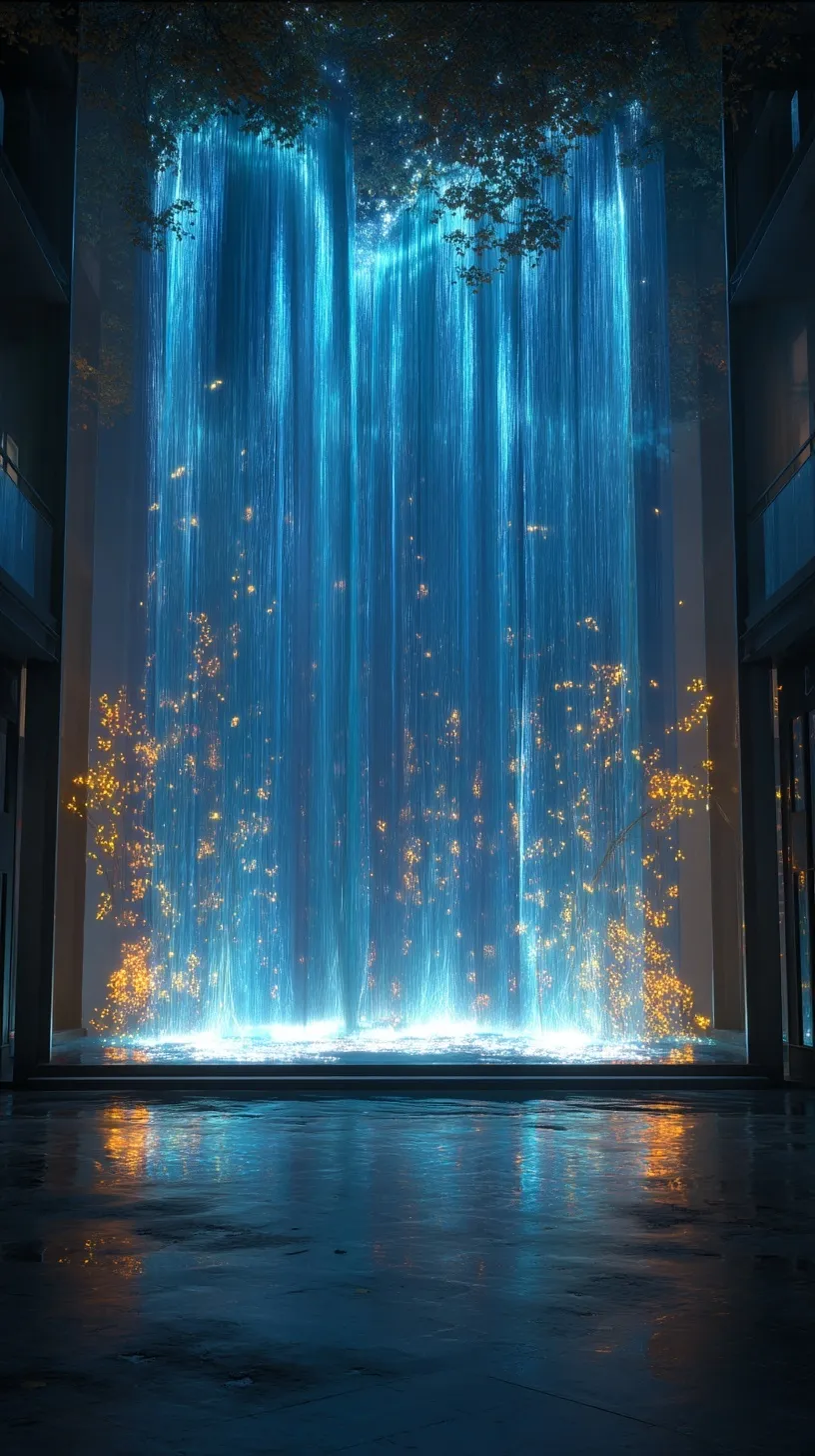 Digital LED wall displaying a realistic waterfall with glowing blue highlights in a modern shopping mall.