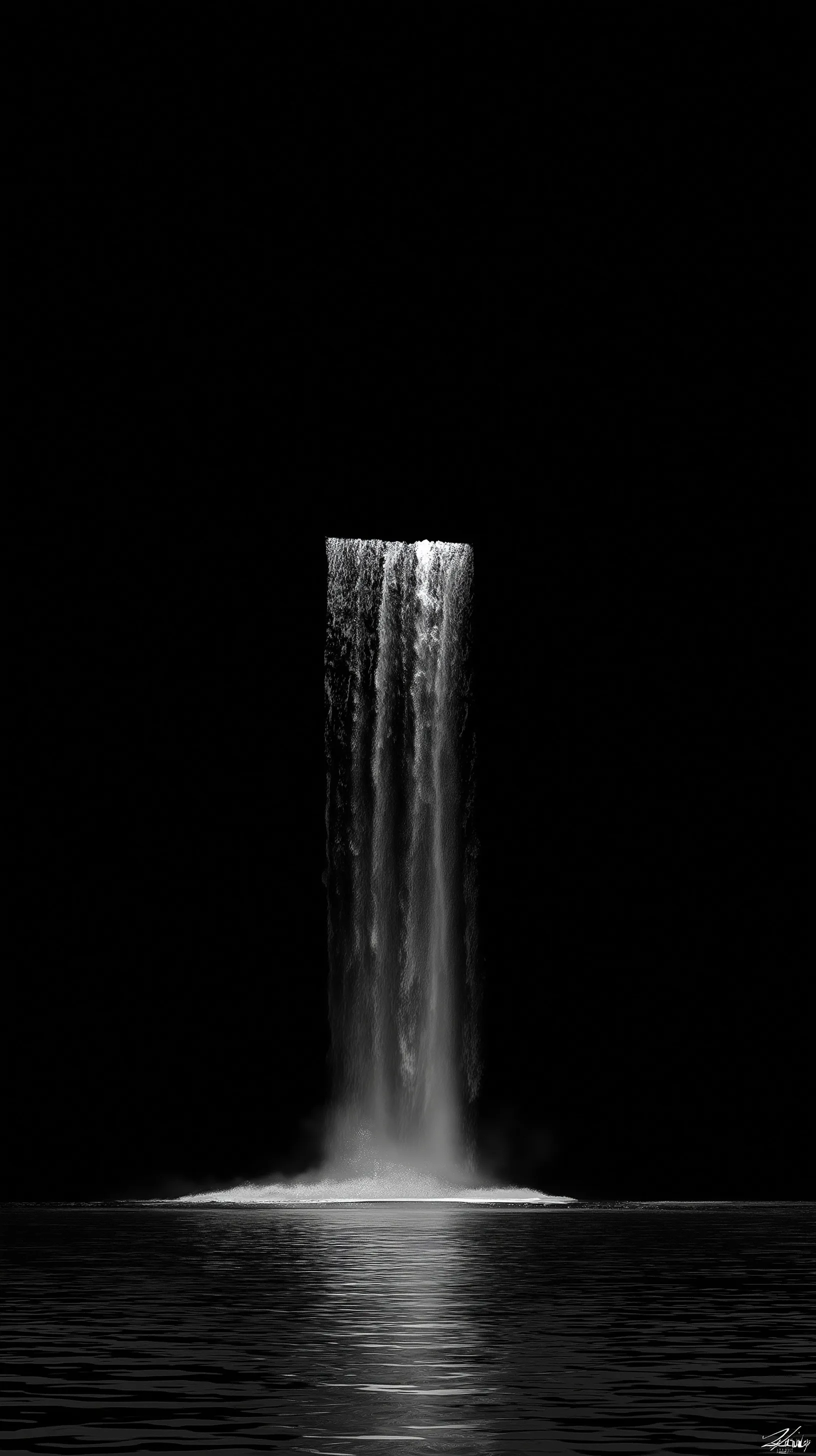 A tall, dramatic black waterfall with subtle white highlights against a pure black background for mobile wallpaper.