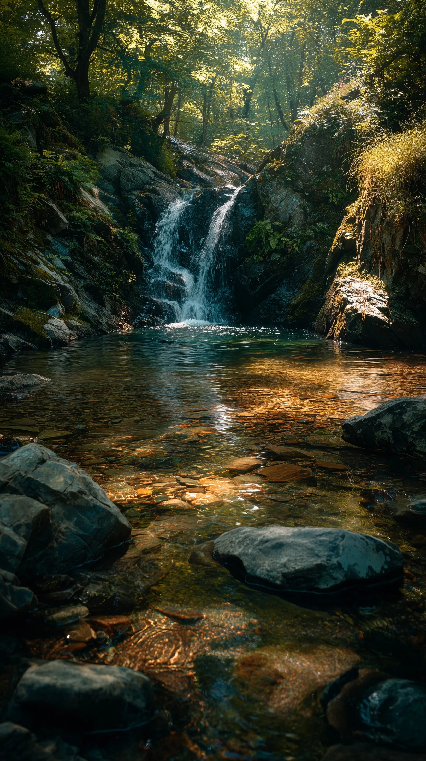 A serene forest waterfall with golden sunlight and gentle ripples for iPhone 17 Pro Max mobile wallpaper.