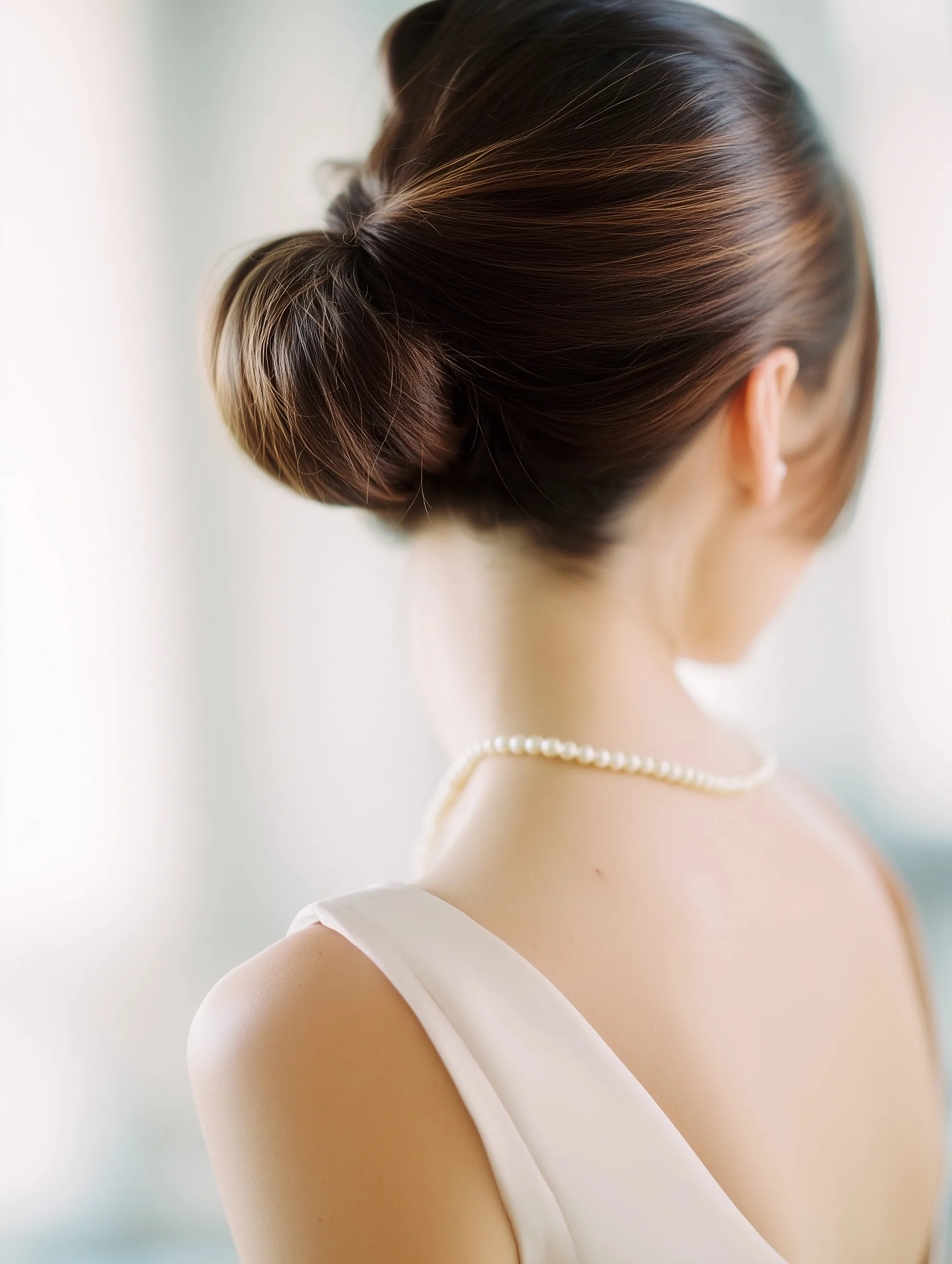 Elegant woman with a glossy brown updo hairstyle wearing a pearl necklace in a refined Hamptons style living room.