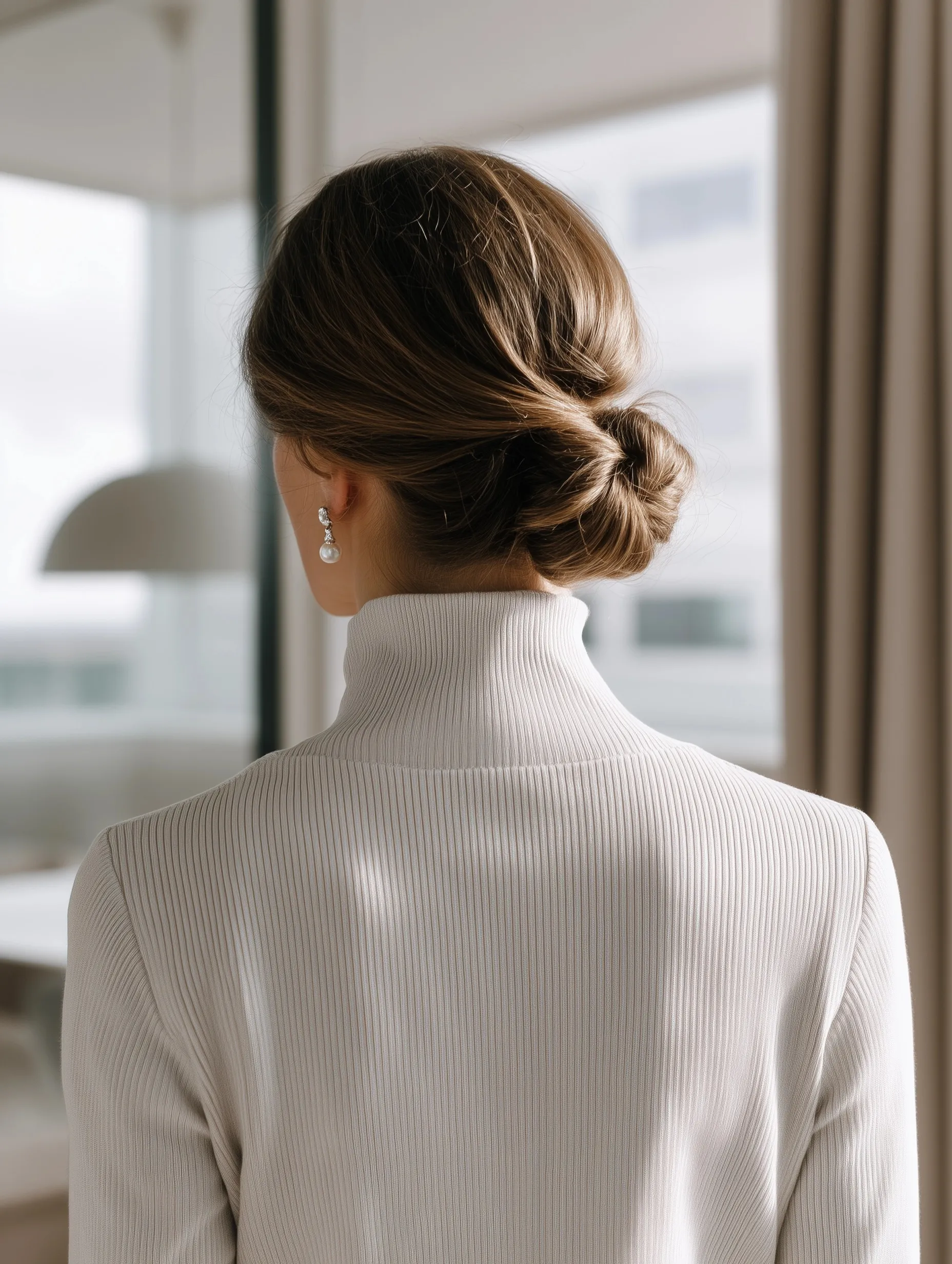 Back view of an elegant woman with a neat wedding guest bun hairstyle adorned with subtle gold jewelry.