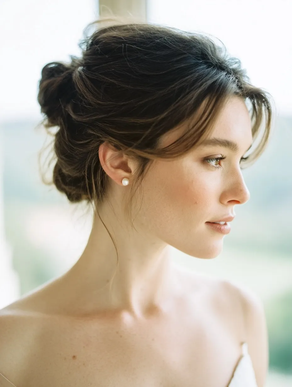 A professional bridal updo hairstyle with pearl earrings, captured in natural soft light for a luxury wedding.