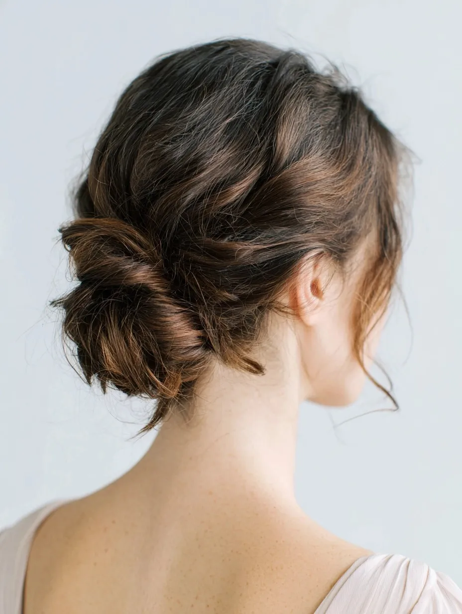 Elegant low knot wedding guest hairstyle on brown hair with a sleek, refined silhouette and natural shine.