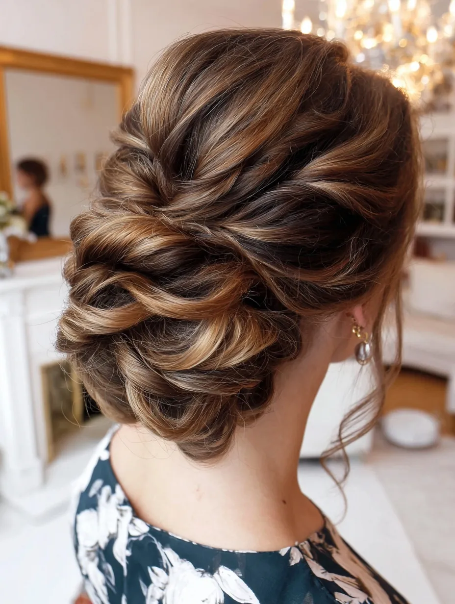 Traditional Bavarian dirndl updo hairstyle on a young woman with ginger-brown hair in soft natural lighting.