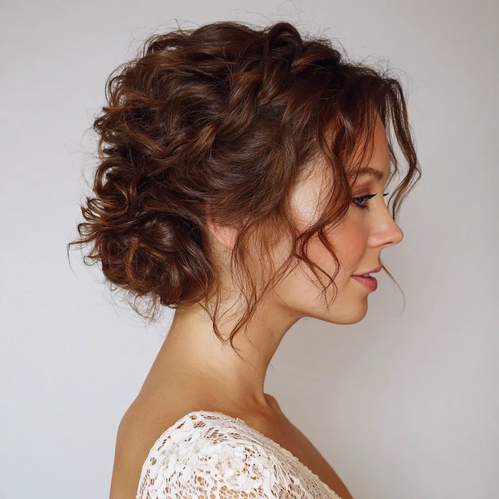 A loose, curly brown hair updo for a bob with delicate side braids, perfect for a wedding guest hairstyle.