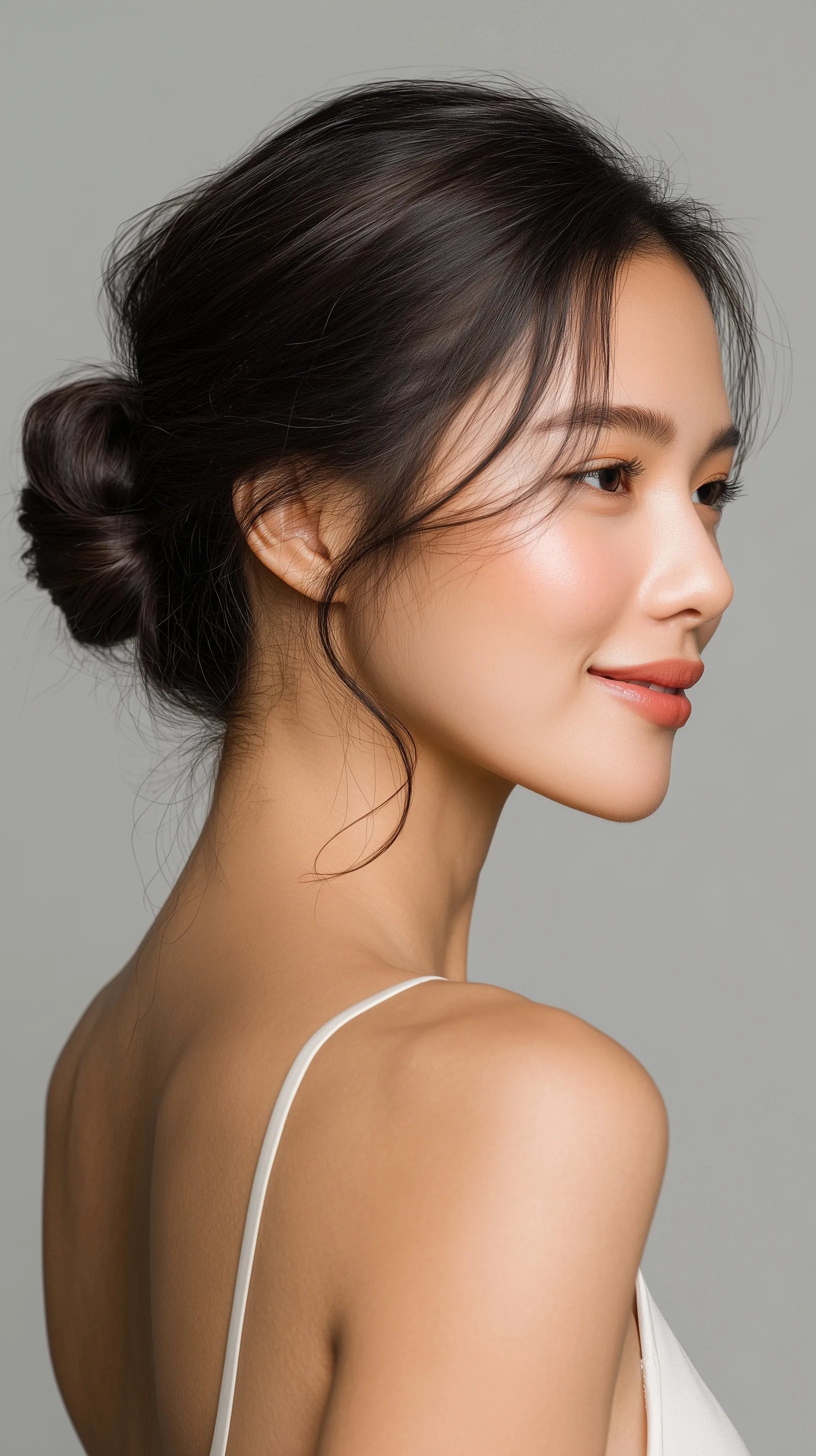 Elegant Asian woman with a professional low chignon wedding updo, side profile view, against a neutral gray background.