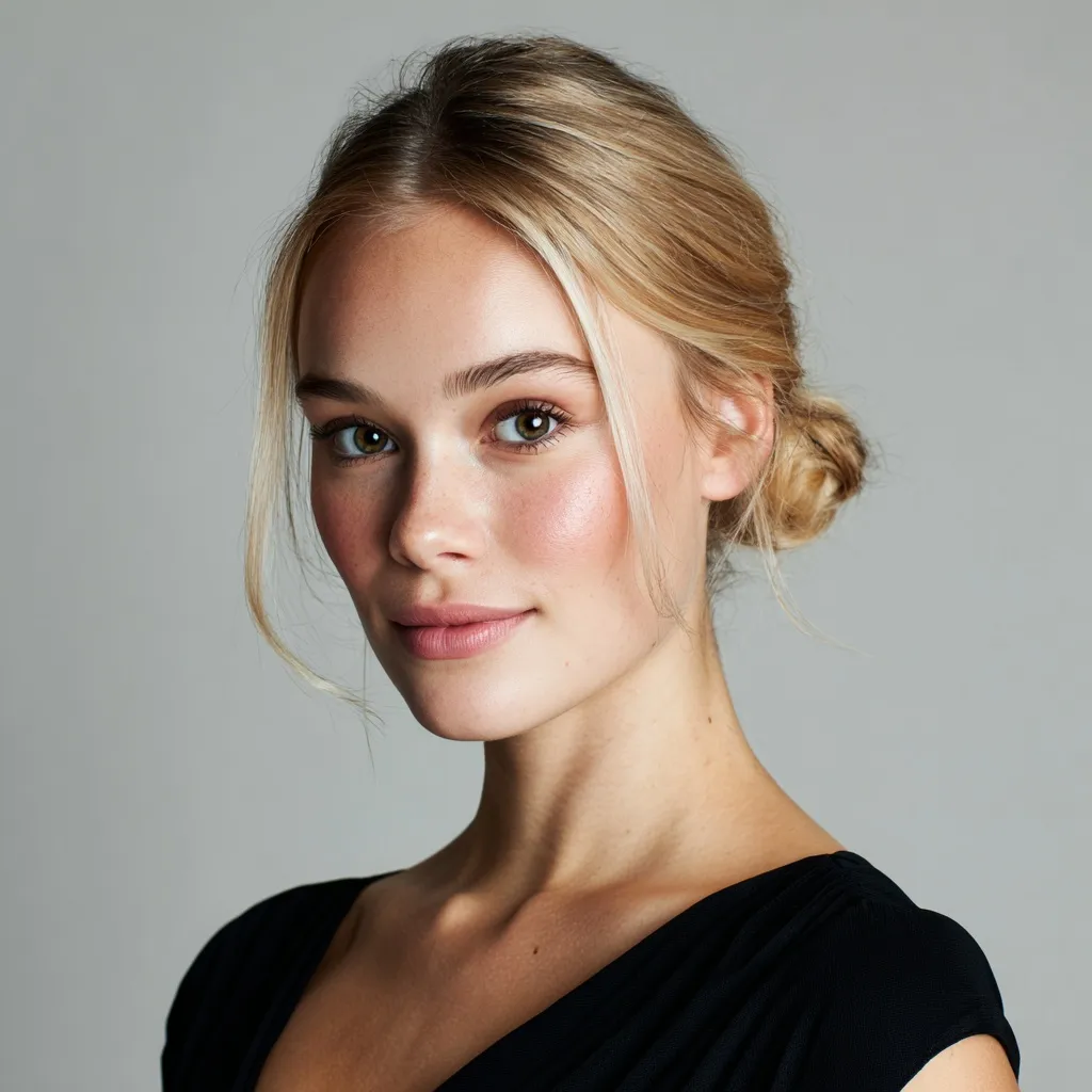 A beautiful young woman with buttery blond hair in a sleek low bun hairstyle wearing an elegant black dress.