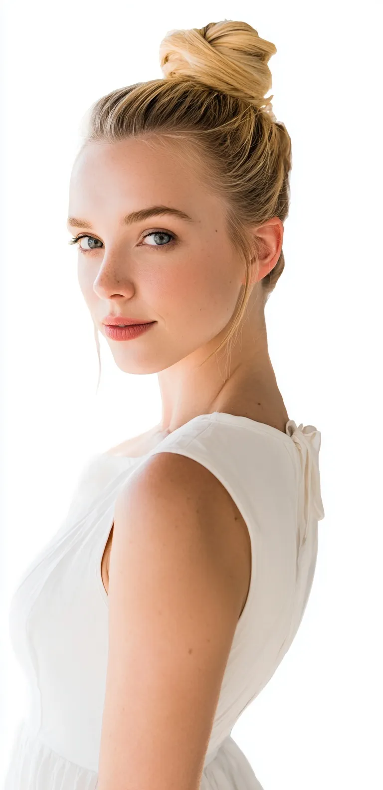 Blonde woman with a neat high bun hairstyle for a wedding guest, wearing a white dress against a white background.