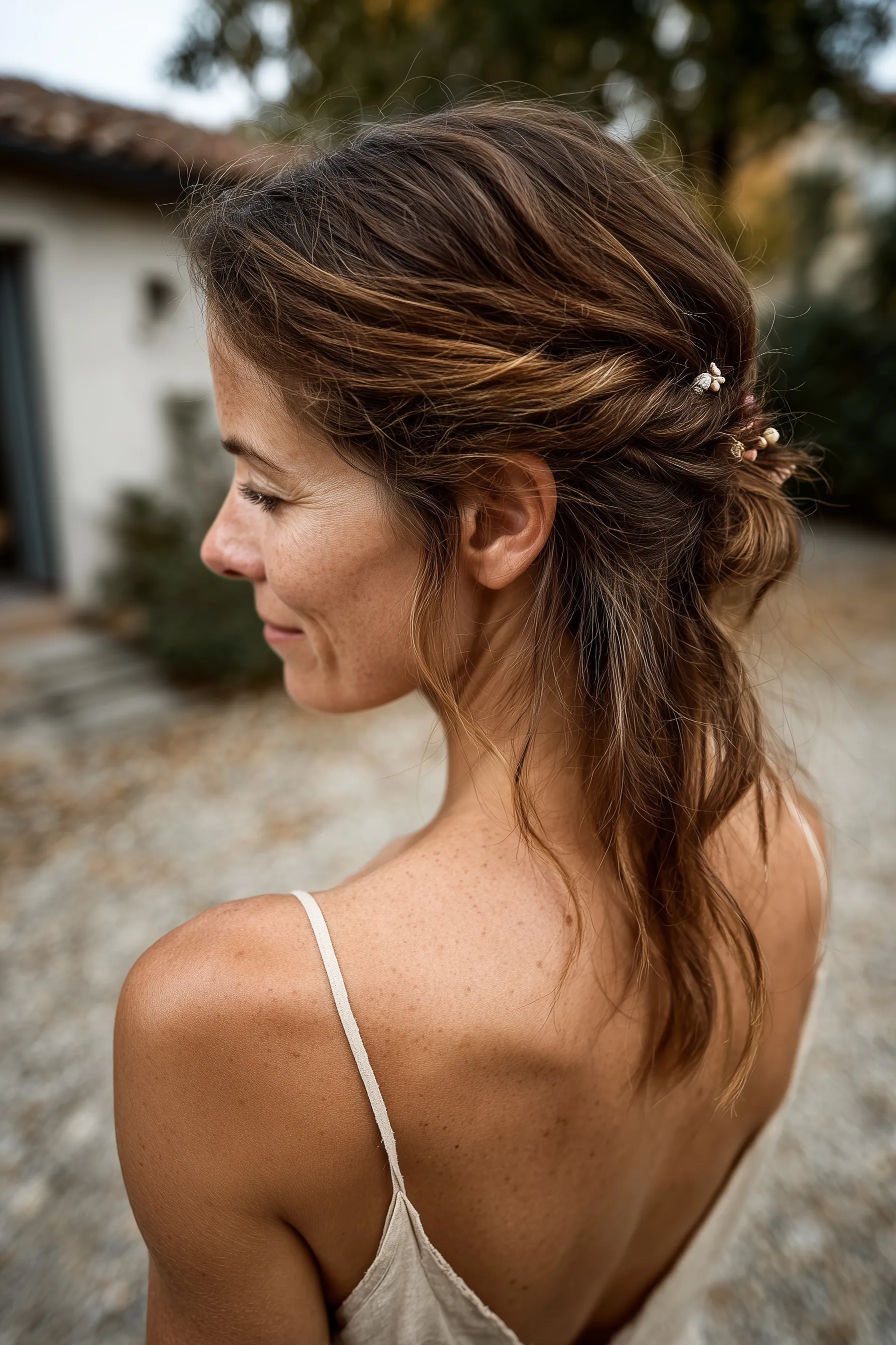 Romantic half-up wedding guest hairstyle with loose curls, soft waves, and delicate pastel floral hair accessories.