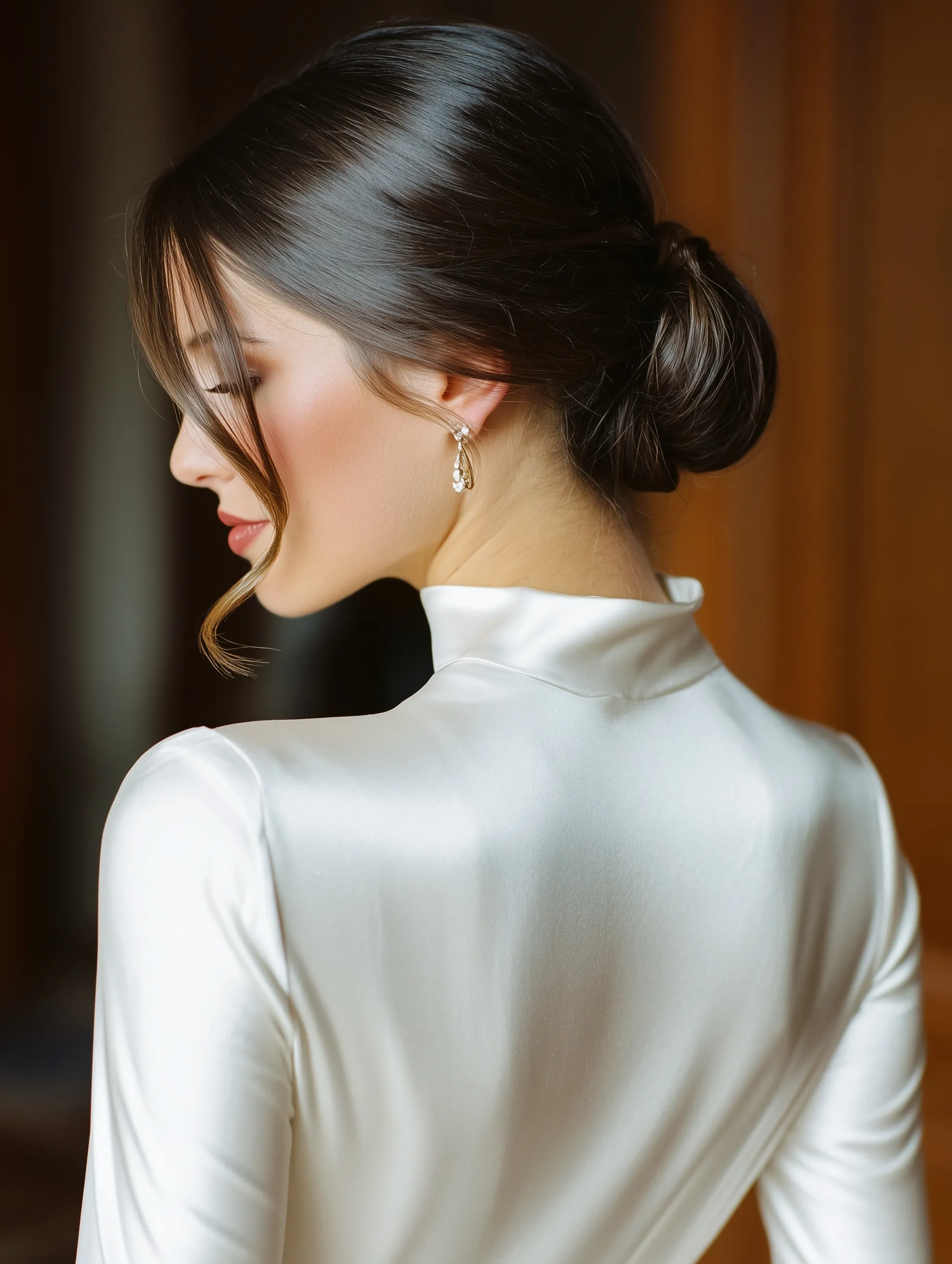 Close-up of bride from behind wearing an elegant low bun updo and a modern long-sleeved satin wedding dress.