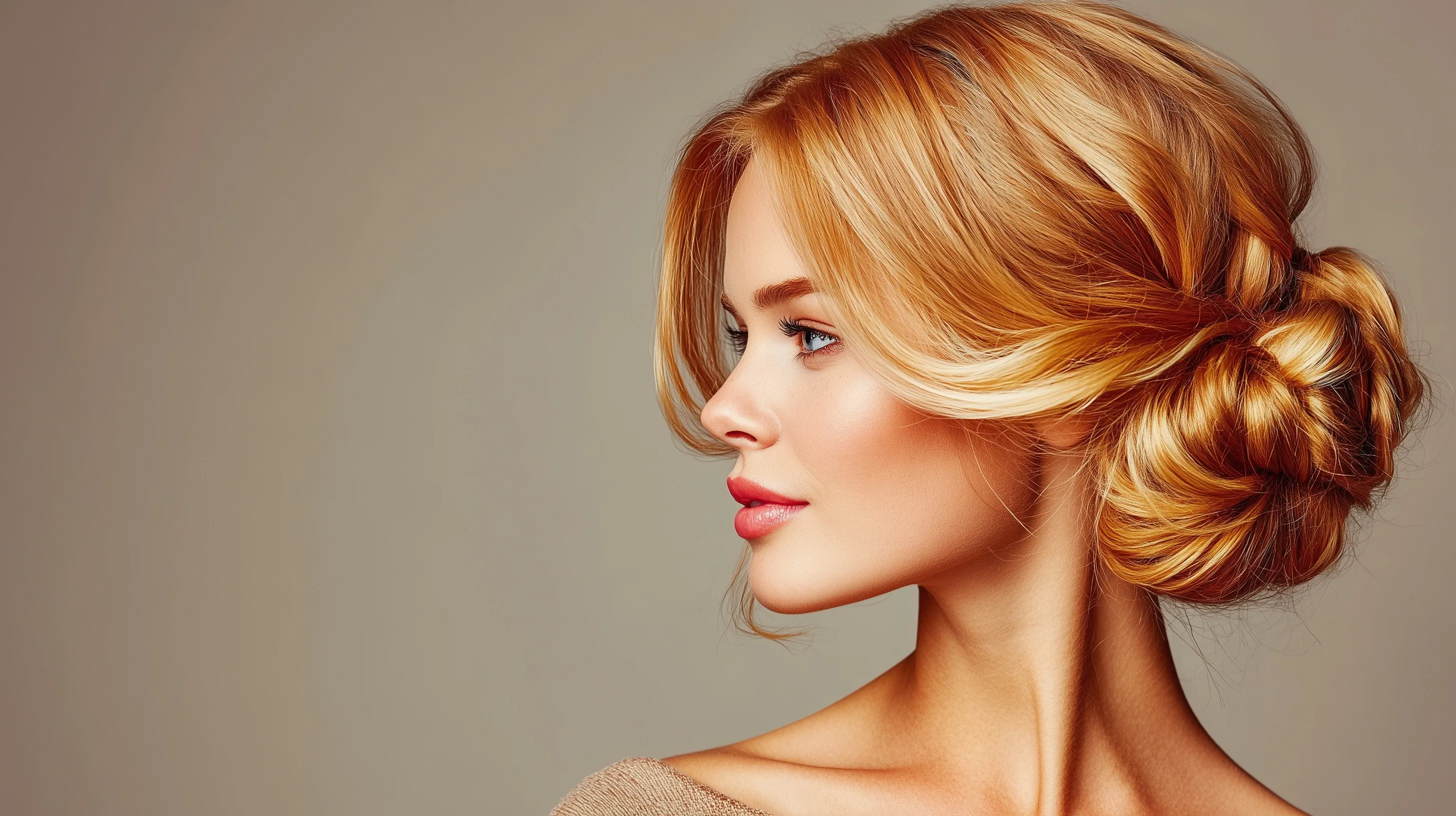 A side profile of a woman with an elegant wedding guest updo hairstyle, highlighting natural makeup and smooth skin.