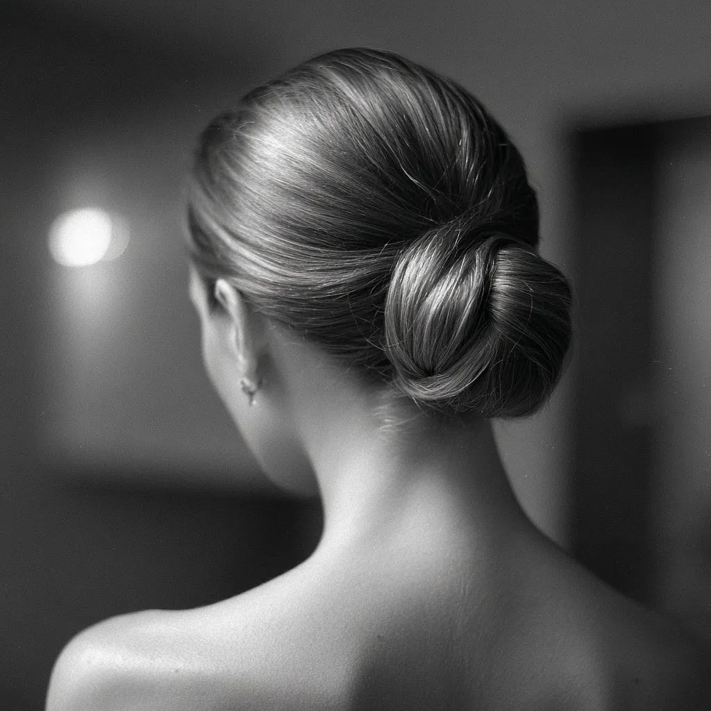 Sophisticated low chignon bun hairstyle for wedding guests with smooth, glossy finish in soft-focus lighting.