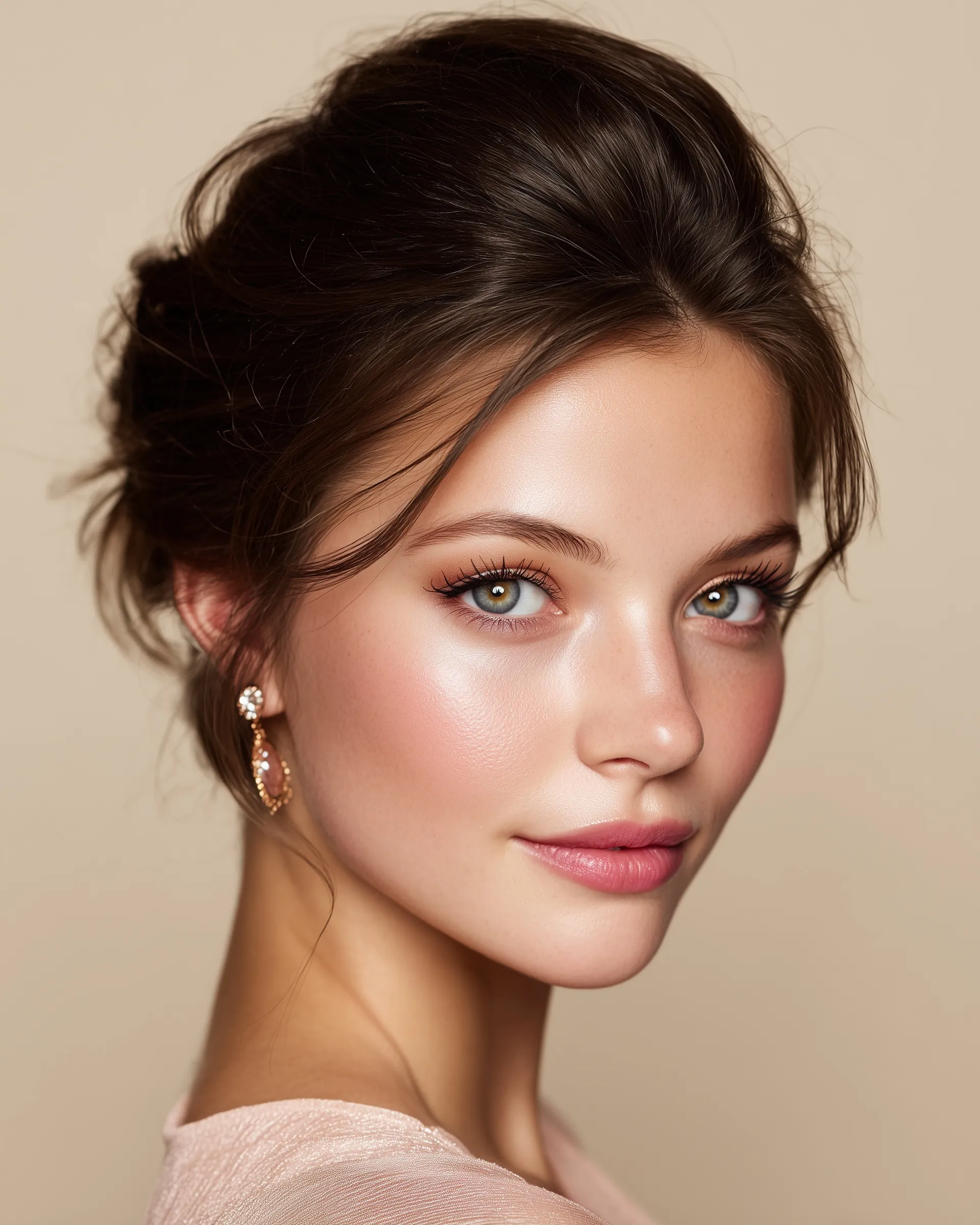 Elegant wedding guest updo hairstyle on a beautiful woman with soft makeup and neutral beige background.