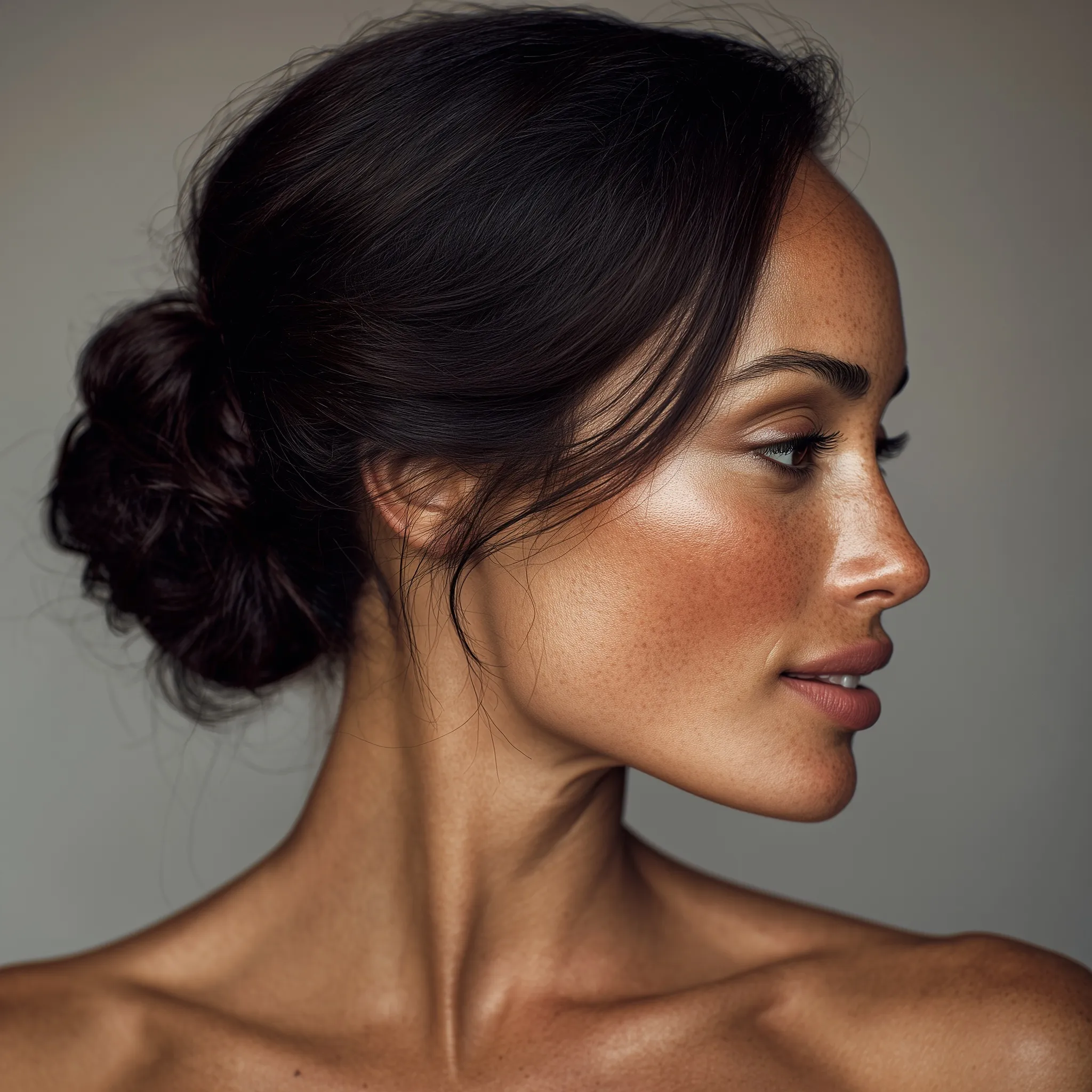 A side profile of a brunette woman with a sleek, elegant bridal updo bun against a light gray background.