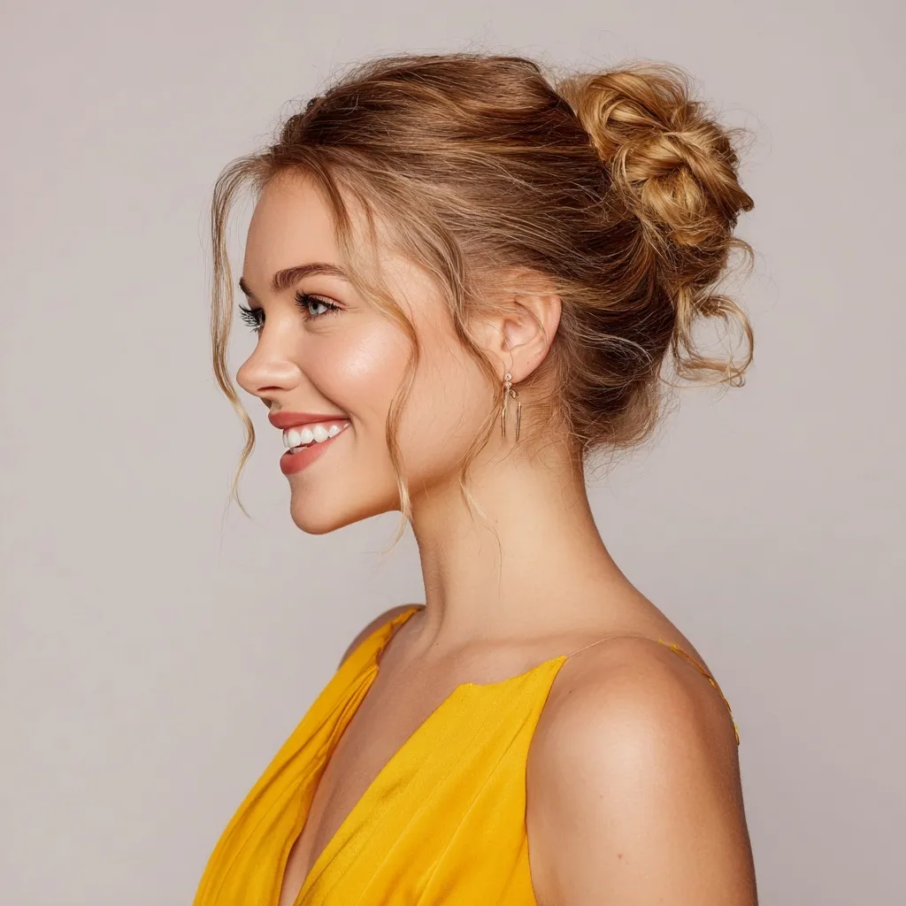 Side profile of a young woman with a stylish yellow messy bun updo, elegant makeup, and fashionable attire.