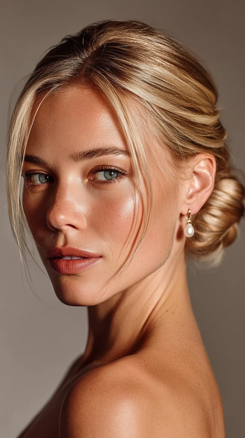 Blonde model with a sleek bun updo and pearl earrings, studio portrait for wedding guest hairstyle inspiration.