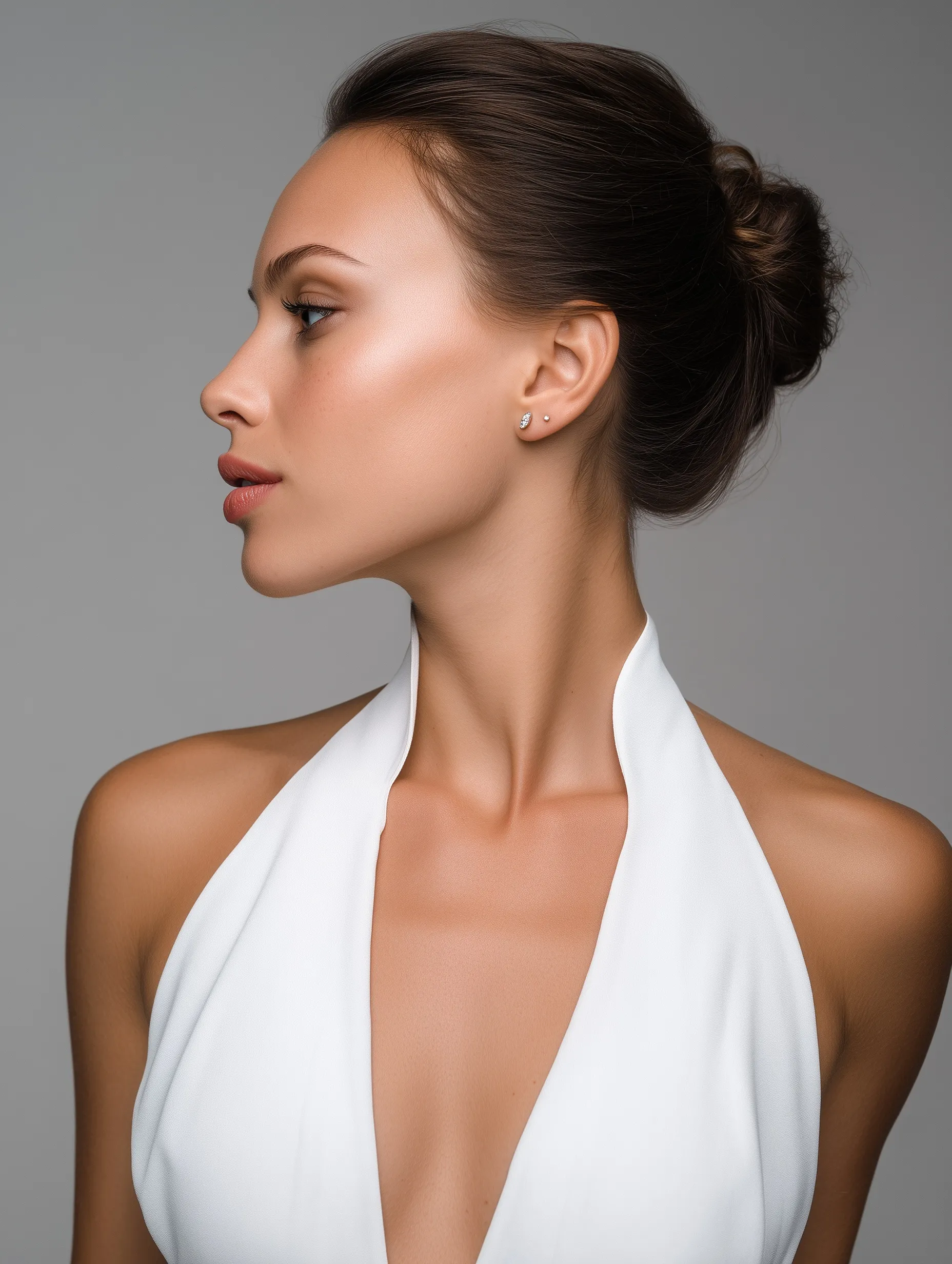 A profile view of a woman with a sophisticated wedding guest updo, wearing a white halter dress in studio lighting.