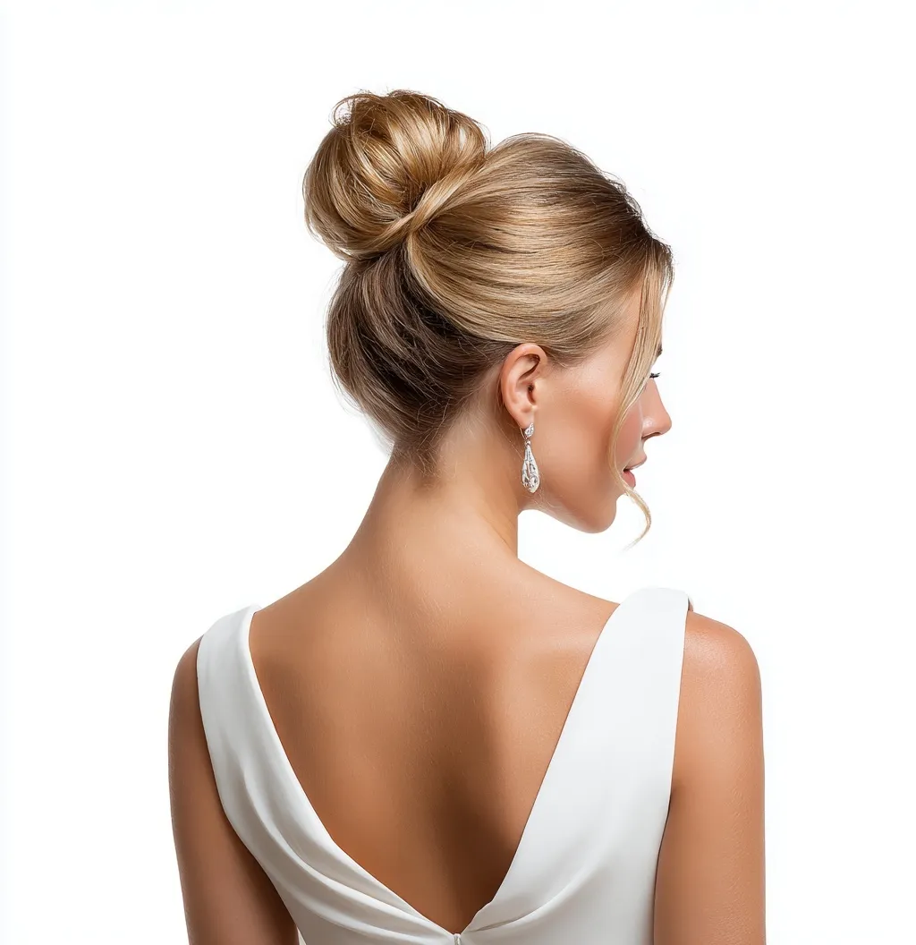 A woman in a white dress featuring an elegant golden bun updo and silver earrings, isolated on a white background.