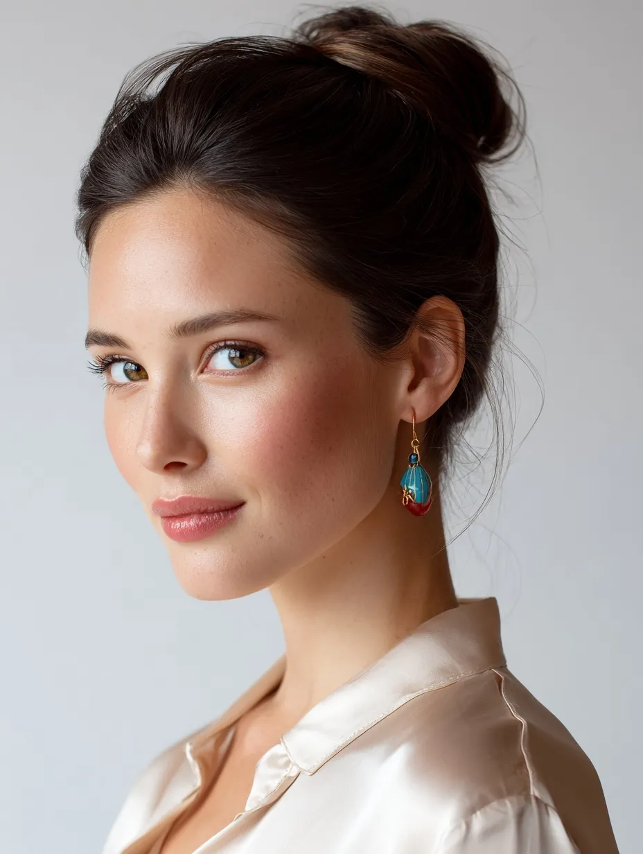 Sophisticated woman with an elegant bun hairstyle wearing coral and turquoise Murano glass earrings, ivory blouse.