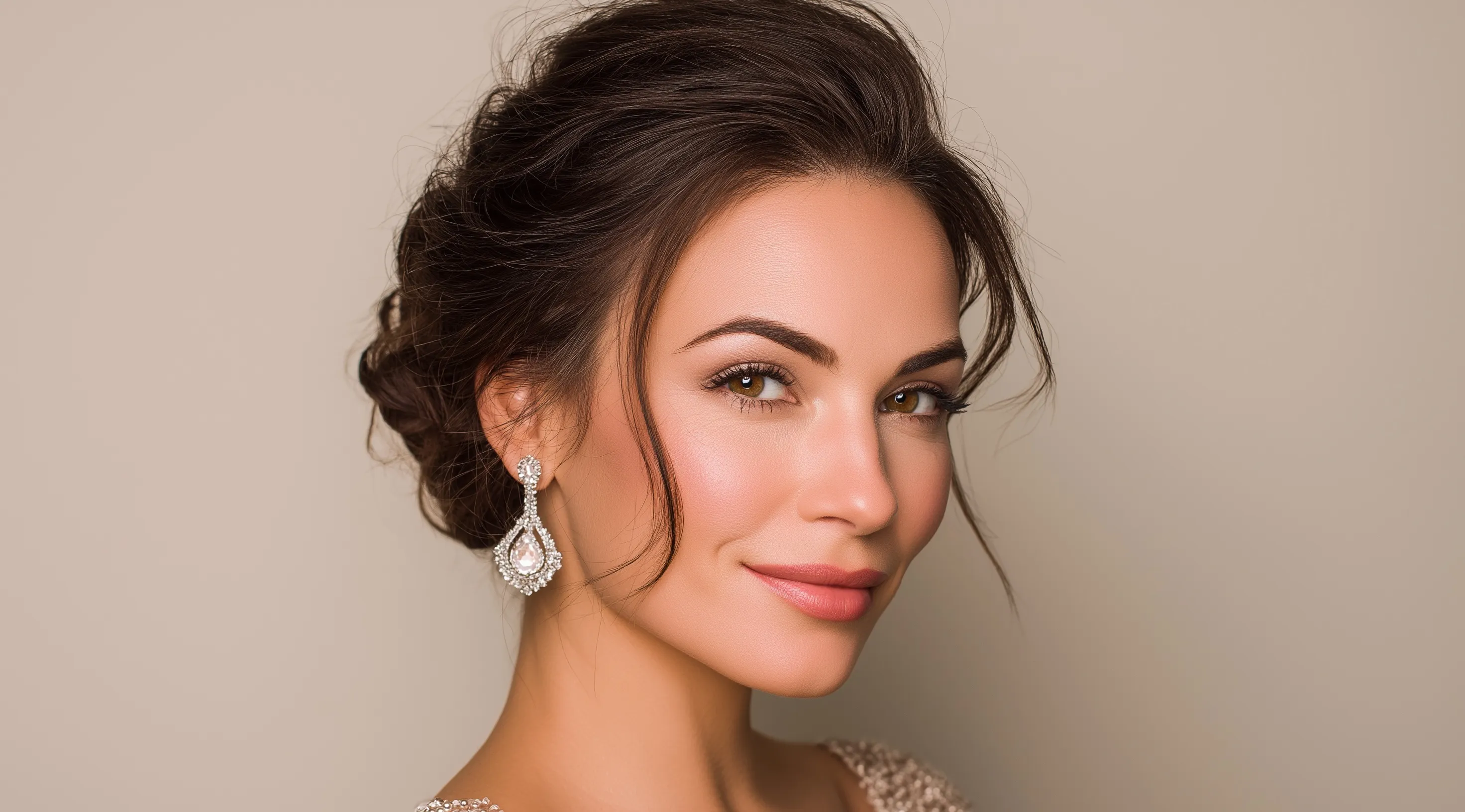 A beautiful woman with a dark brown hair updo, pearl earrings, and formal evening dress in a studio portrait.