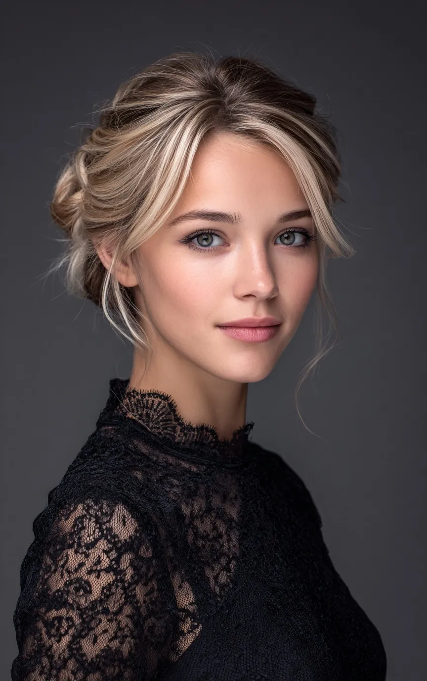 Blonde woman with an elegant updo hairstyle wearing a black dress against a neutral gray background.