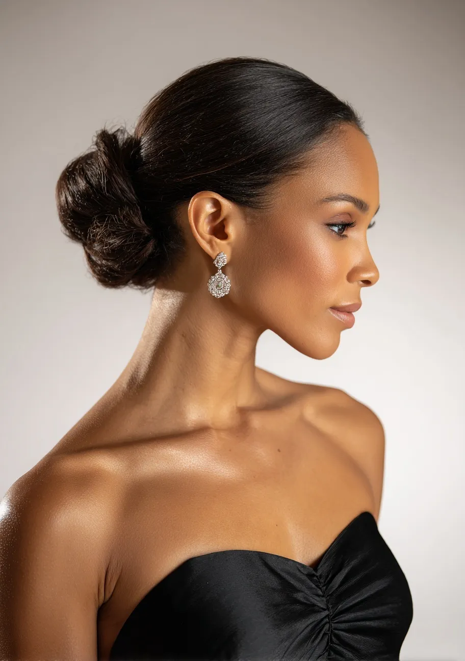 Elegant wedding guest wearing a chic chignon updo, diamond earrings, and a black strapless dress in studio lighting.