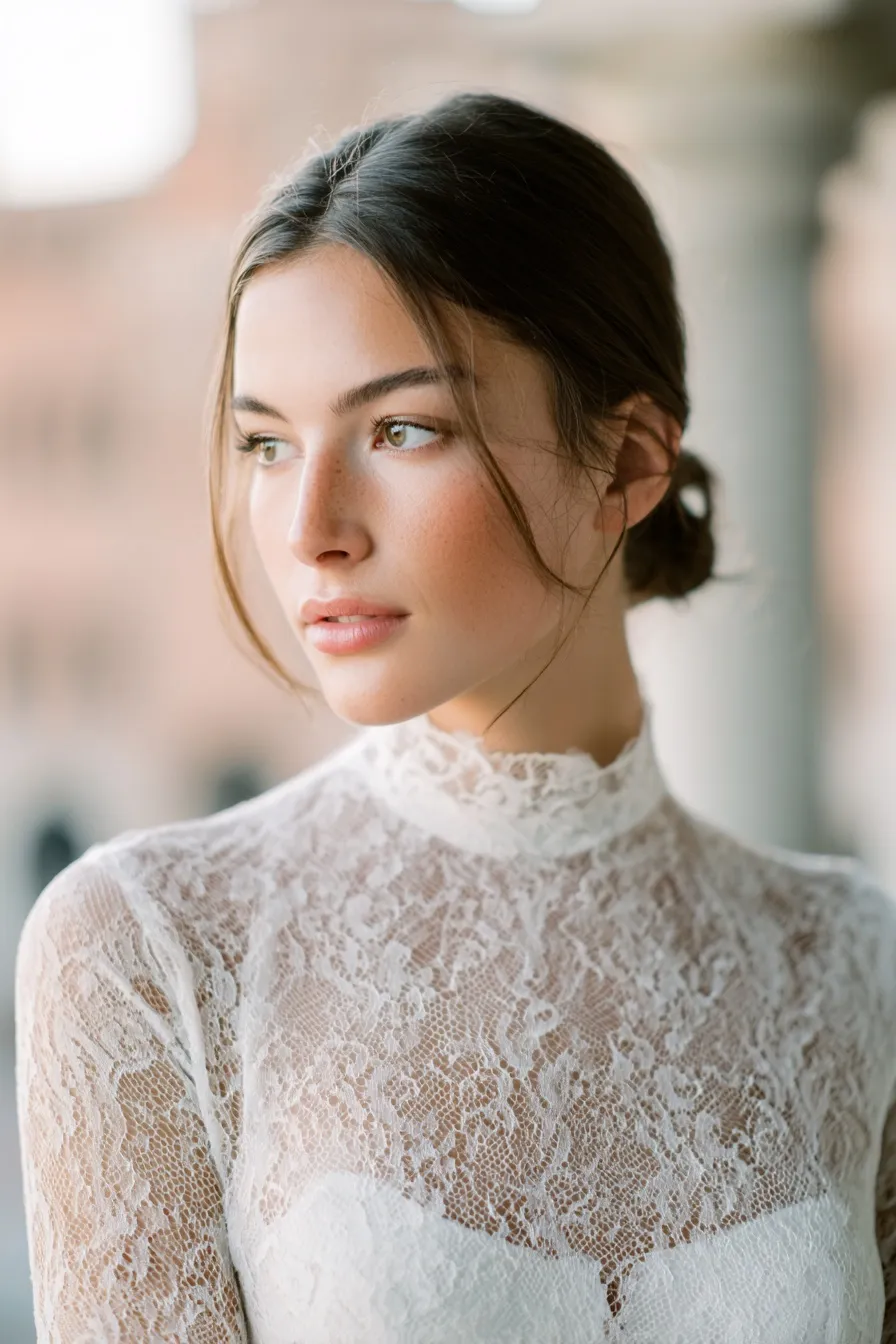 A young woman with an elegant sleek low bridal bun wearing a modest white lace dress for a wedding.