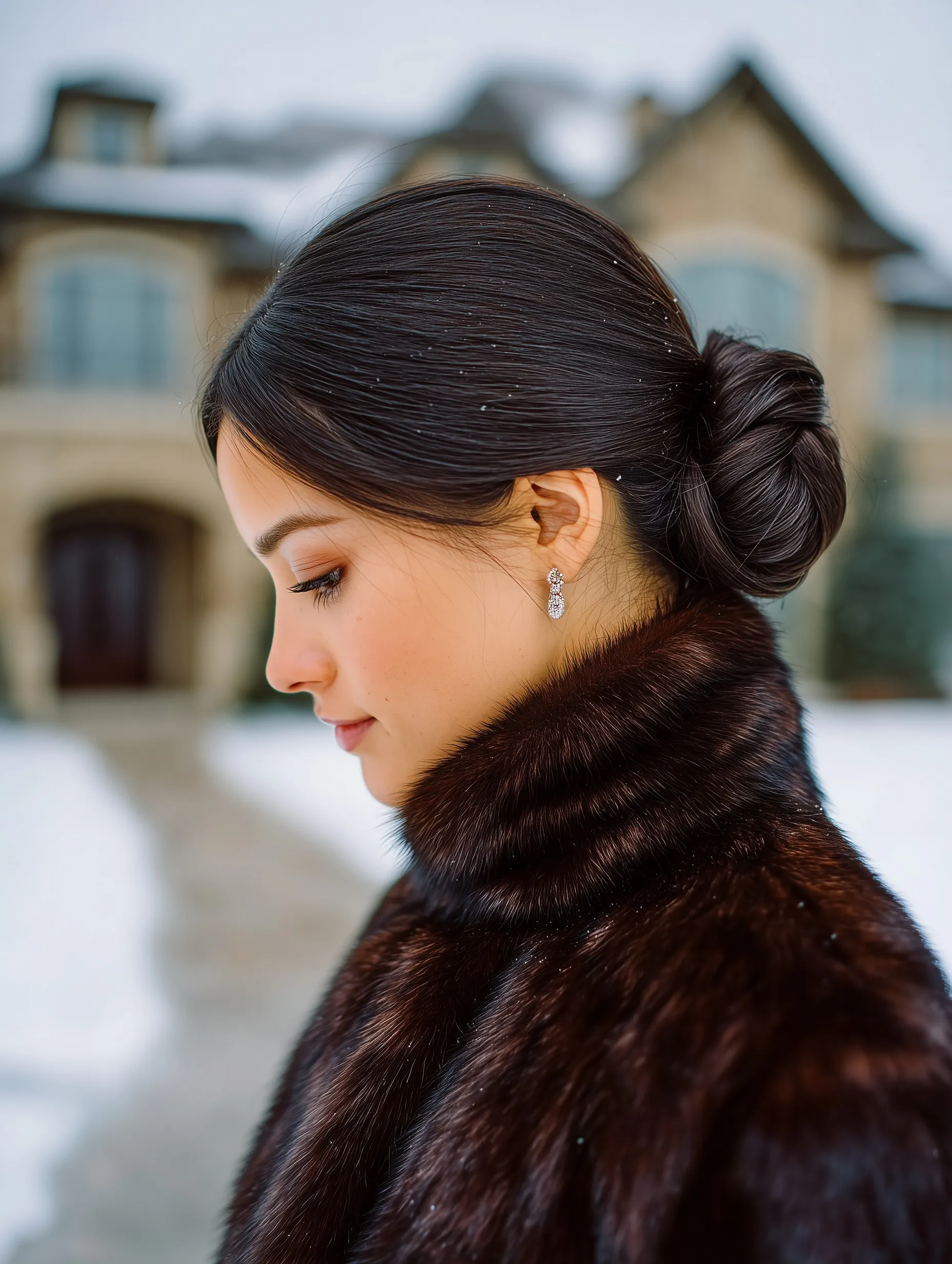 Sleek low bun hairstyle on a model wearing a luxurious chocolate mink fur bib and black wool coat in a snowy setting.