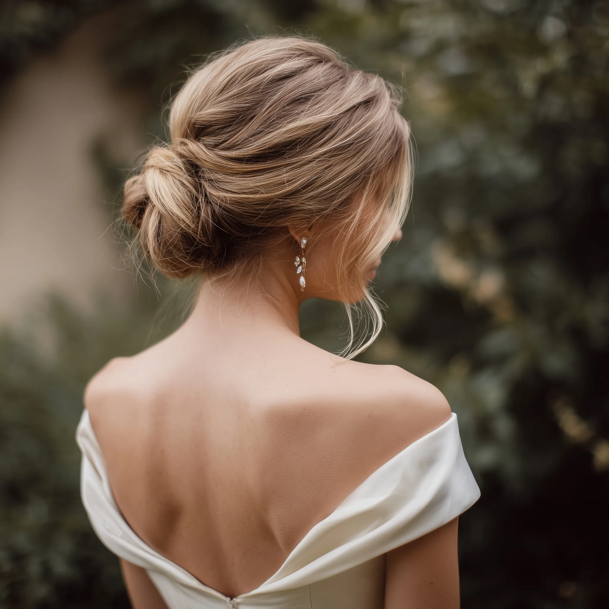 A bride seen from behind with a neat, elegant light-hair bun hairstyle for a wedding guest, outdoors in soft light.